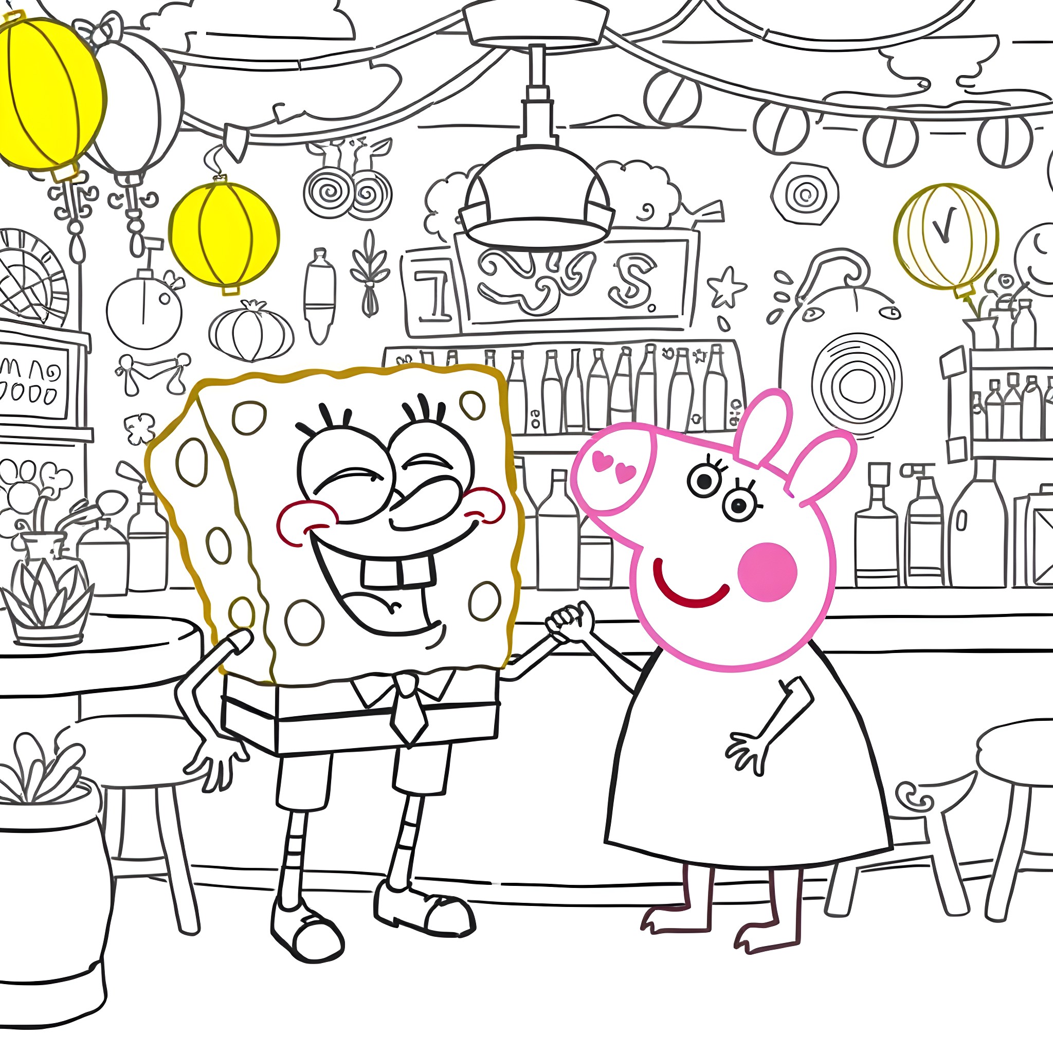 Spongebob and friends in a whimsical and colorful scene Coloring Page (free black-and-white line drawing printable PDF for all, from beginners to advanced learners, including children, teens, adults, and seniors)