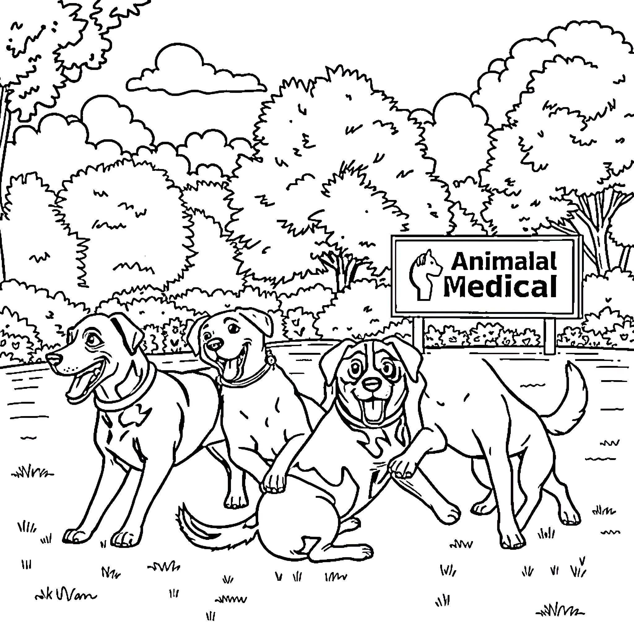 Dog friends visiting Animal Medical clinic Coloring Page (free black-and-white line drawing printable PDF for all, from beginners to advanced learners, including children, teens, adults, and seniors)