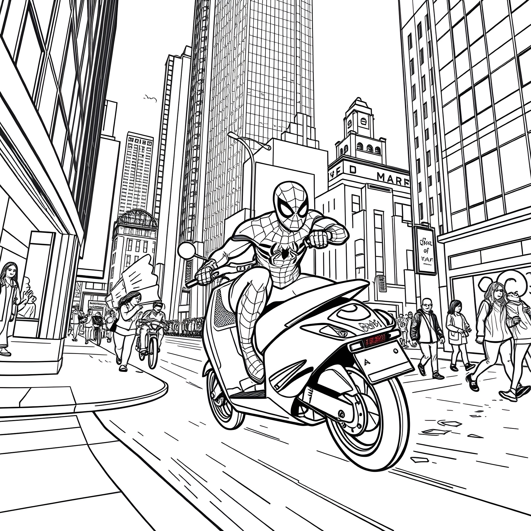 Spiderman racing through the city on a motorcycle Coloring Page (free black-and-white line drawing printable PDF for all, from beginners to advanced learners, including children, teens, adults, and seniors)