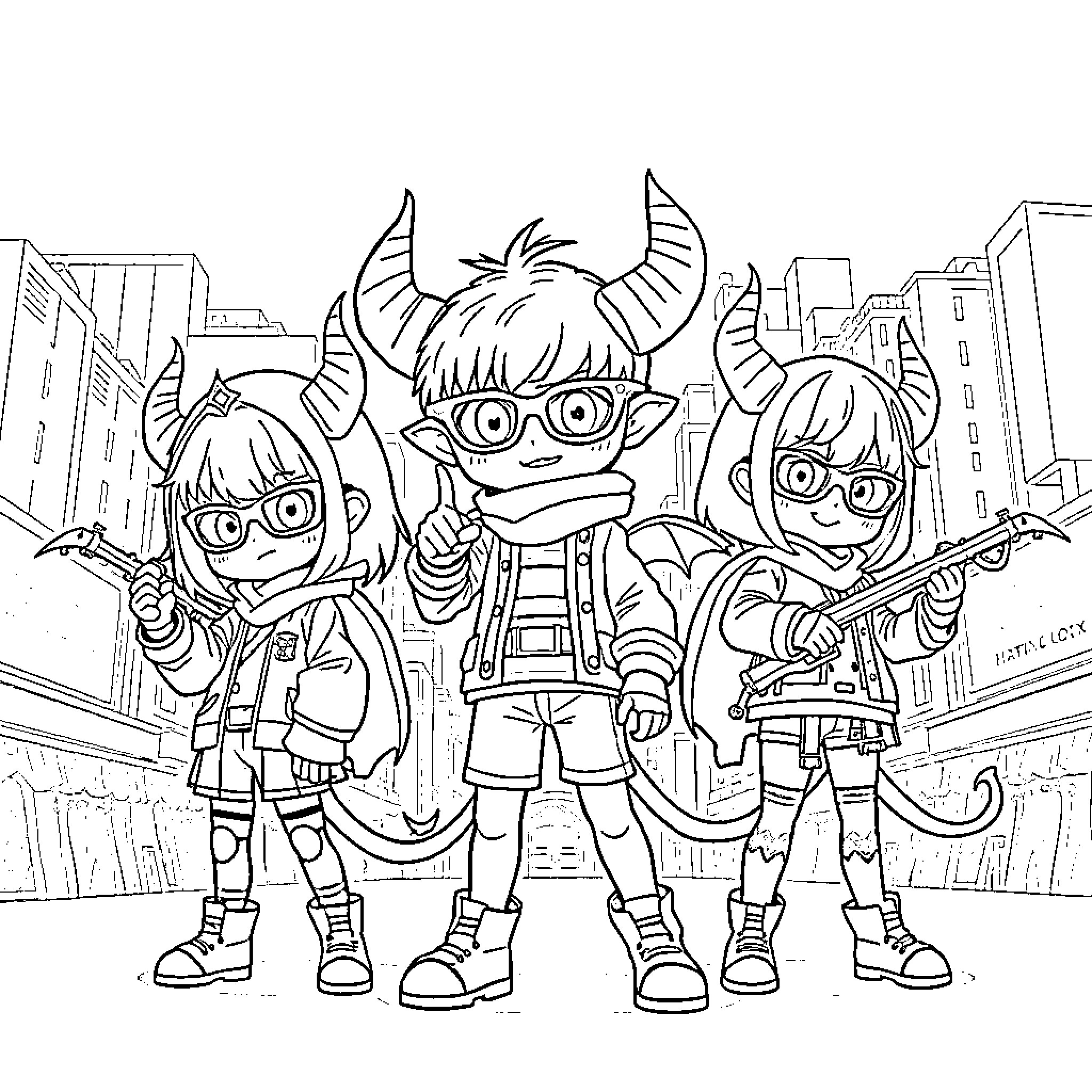 Demon Hunter Trio Explore City with Weapons Coloring Page (free black-and-white line drawing printable PDF for all, from beginners to advanced learners, including children, teens, adults, and seniors)