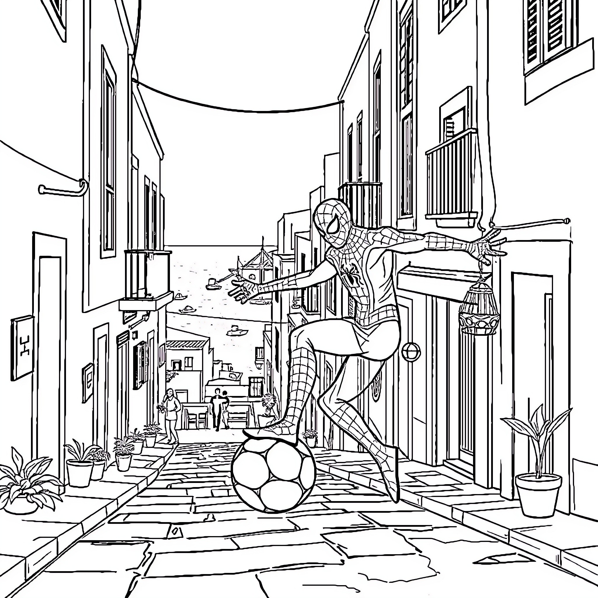 Spiderman web-slinging through a colorful city Coloring Page (free black-and-white line drawing printable PDF for all, from beginners to advanced learners, including children, teens, adults, and seniors)