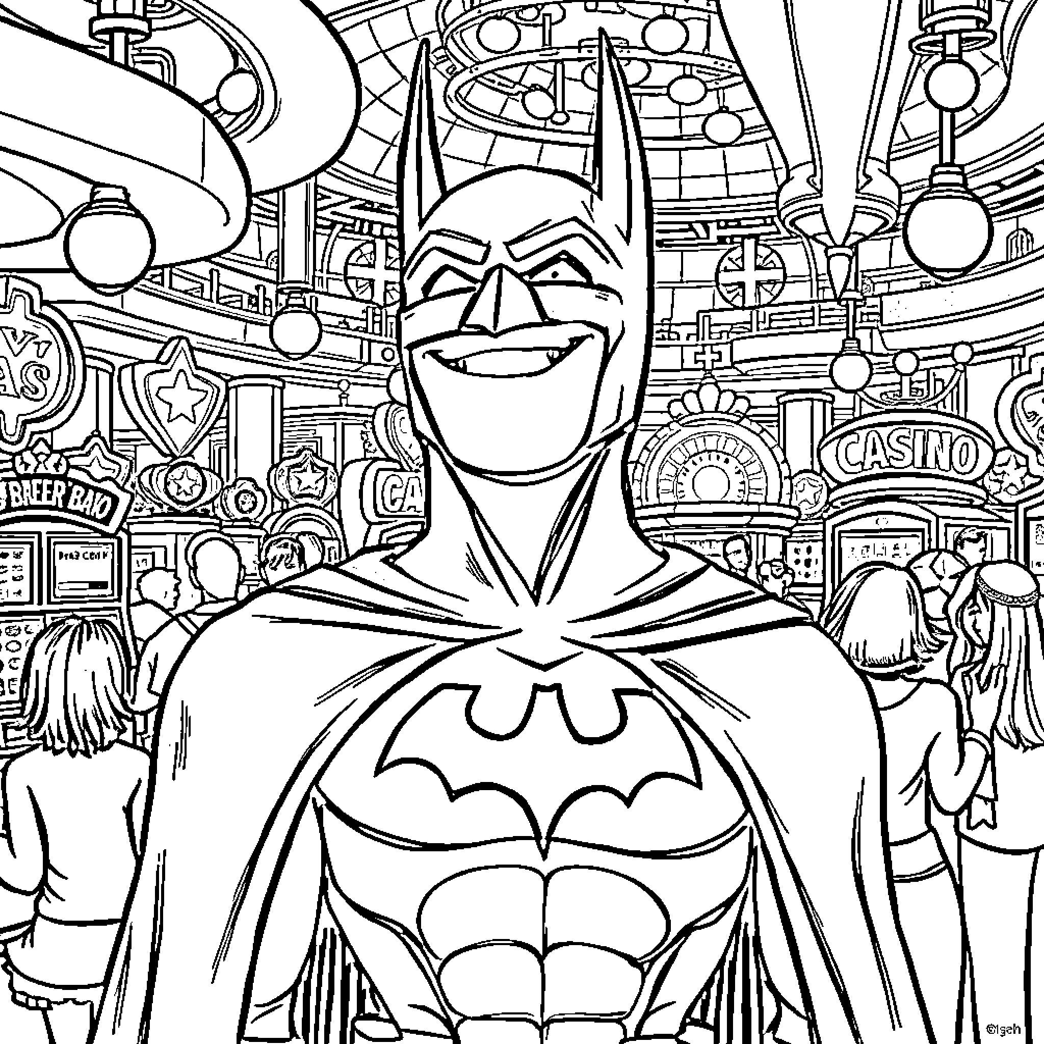 Batman in the Colorful Cityscape Coloring Page (free black-and-white line drawing printable PDF for all, from beginners to advanced learners, including children, teens, adults, and seniors)