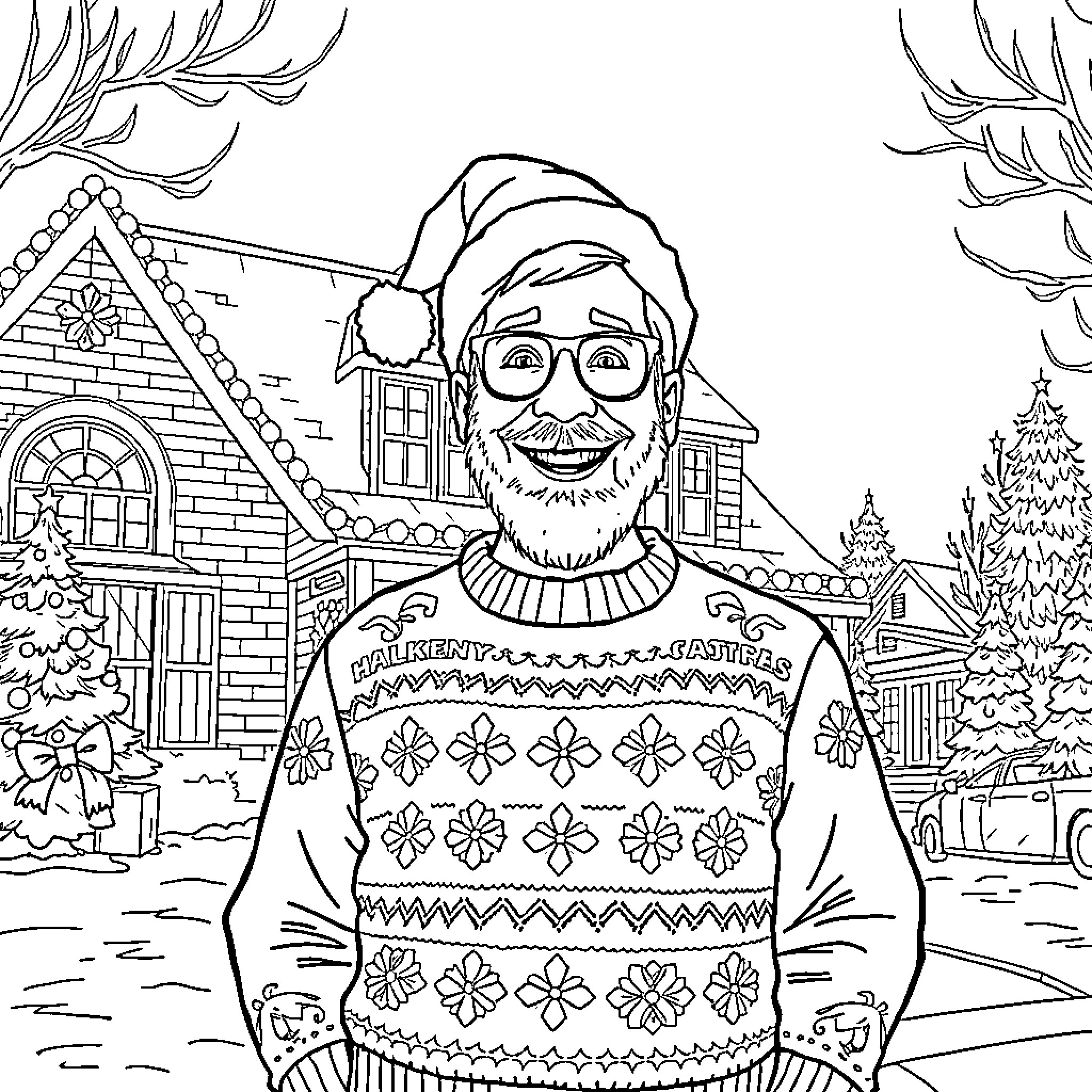 Clark Griswold's Festive Antics in Winter Wonderland Coloring Page (free black-and-white line drawing printable PDF for all, from beginners to advanced learners, including children, teens, adults, and seniors)