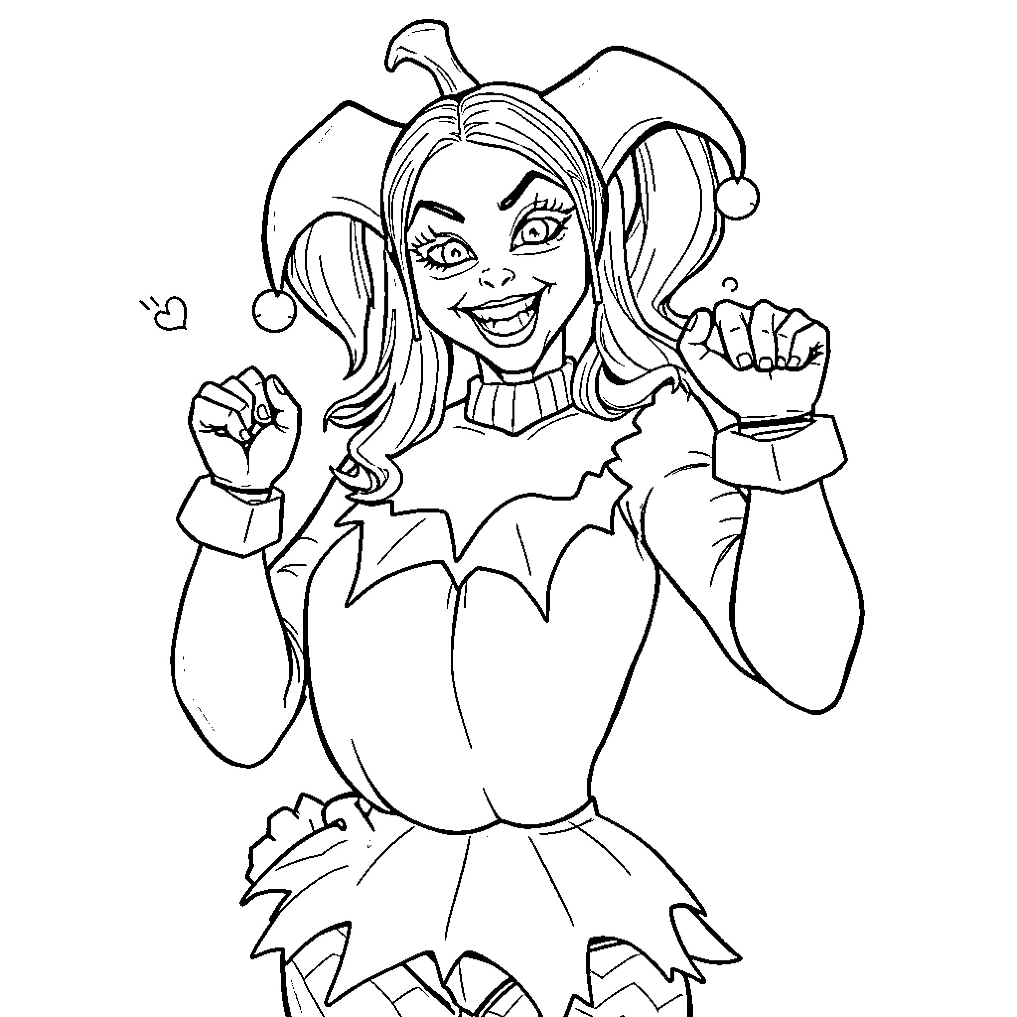 Harley Quinn posing excitedly in her costume Coloring Page (free black-and-white line drawing printable PDF for all, from beginners to advanced learners, including children, teens, adults, and seniors)