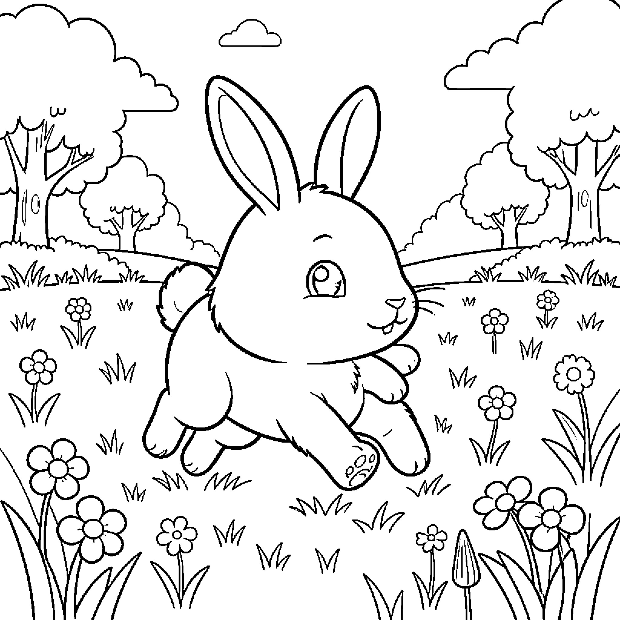 Bunny hopping through a floral garden Coloring Page (free black-and-white line drawing printable PDF for all, from beginners to advanced learners, including children, teens, adults, and seniors)