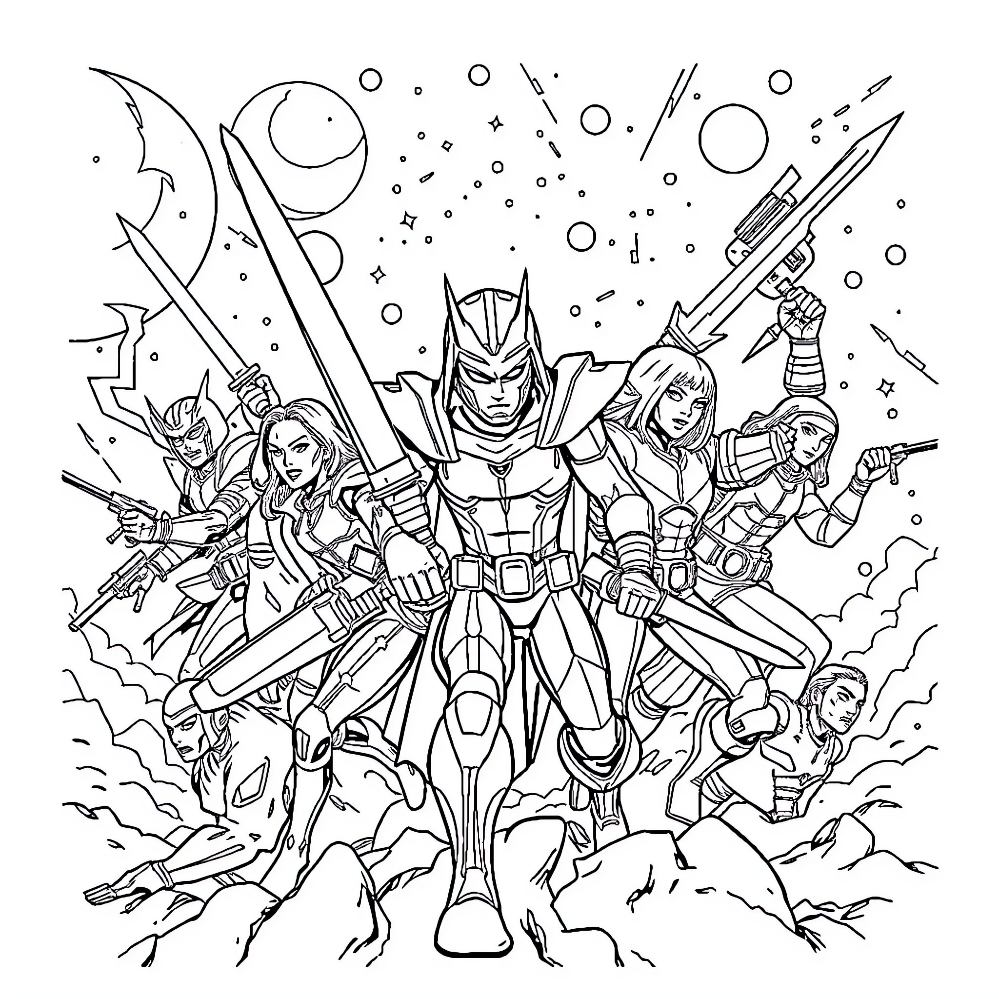 Overwatch: Heroic Champions in Action Coloring Page (free black-and-white line drawing printable PDF for all, from beginners to advanced learners, including children, teens, adults, and seniors)