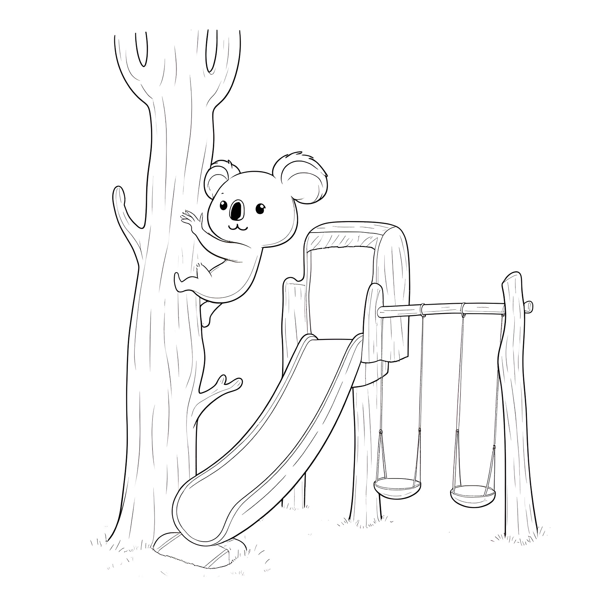Koala playing on a playground slide in the forest Coloring Page (free black-and-white line drawing printable PDF for all, from beginners to advanced learners, including children, teens, adults, and seniors)