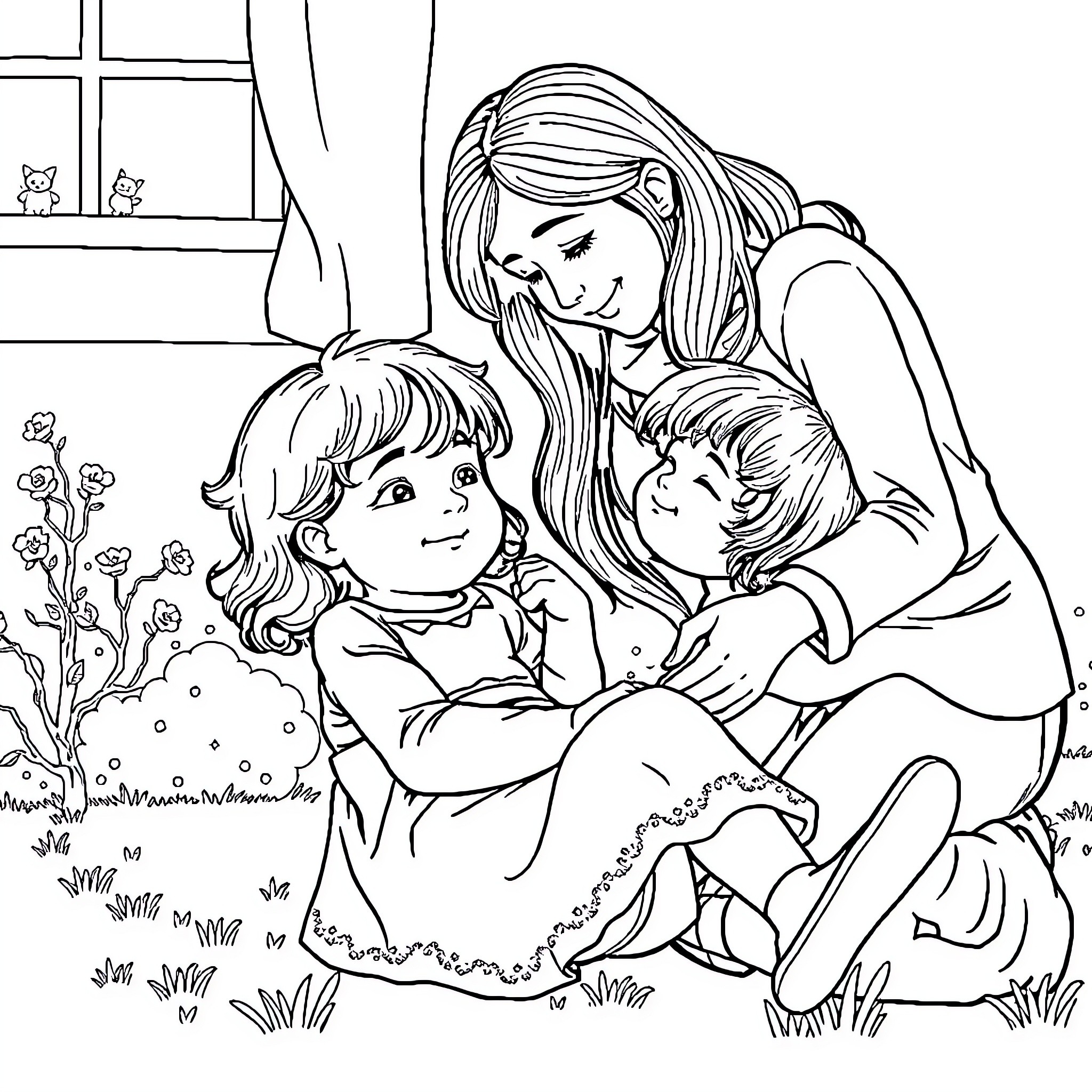 Mother's Tender Embrace with Children in the Garden Coloring Page (free black-and-white line drawing printable PDF for all, from beginners to advanced learners, including children, teens, adults, and seniors)