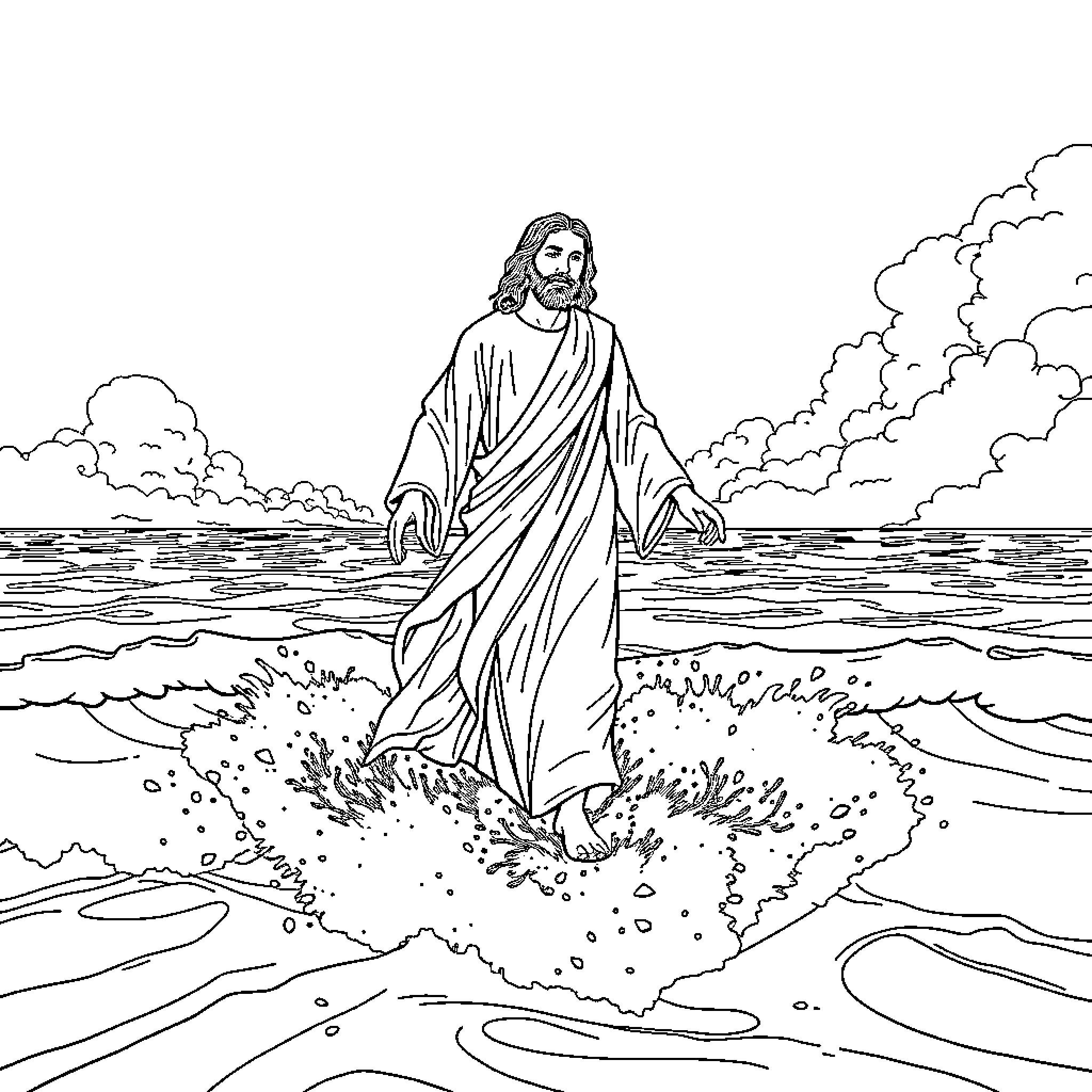 Jesus walking on the water amid stormy waves Coloring Page (free black-and-white line drawing printable PDF for all, from beginners to advanced learners, including children, teens, adults, and seniors)