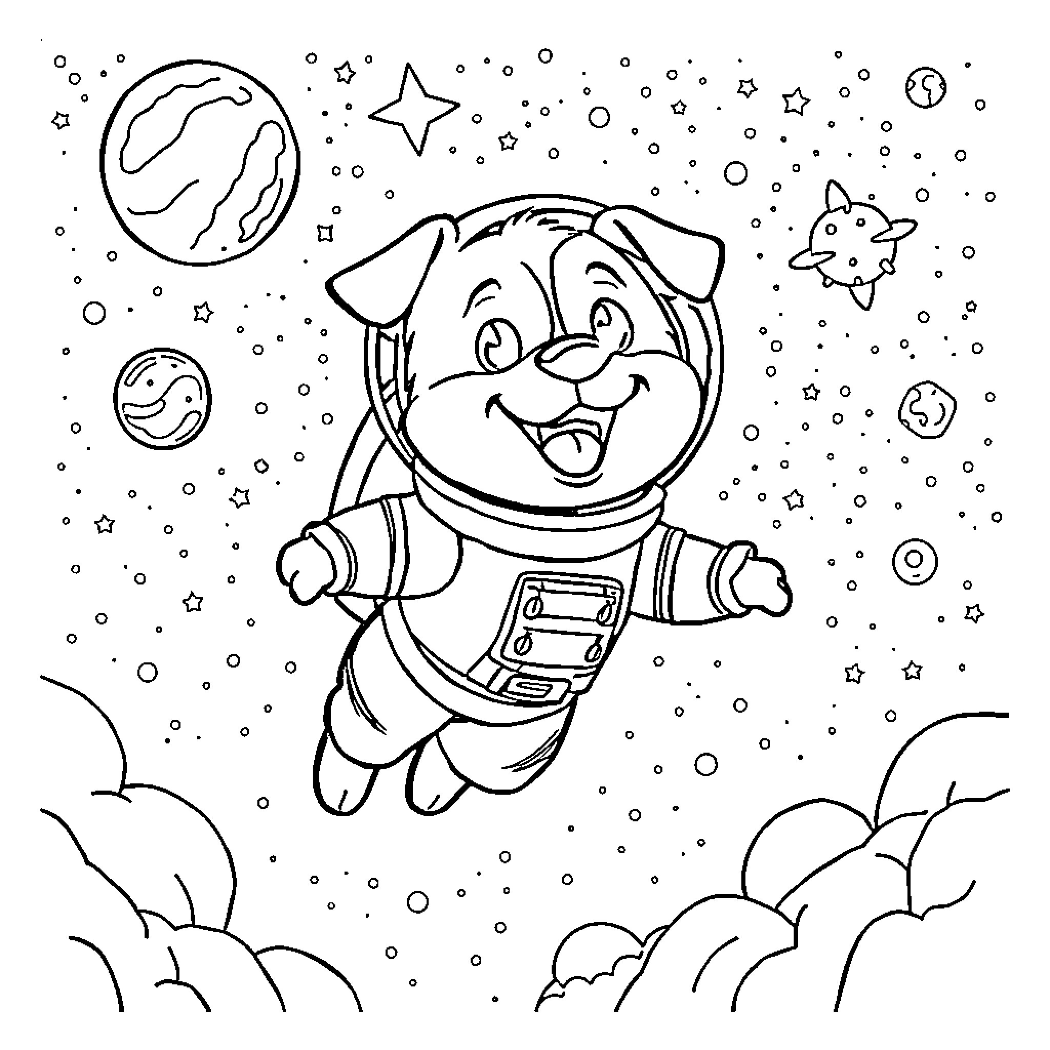 Dog Astronaut Exploring the Cosmos Coloring Page (free black-and-white line drawing printable PDF for all, from beginners to advanced learners, including children, teens, adults, and seniors)