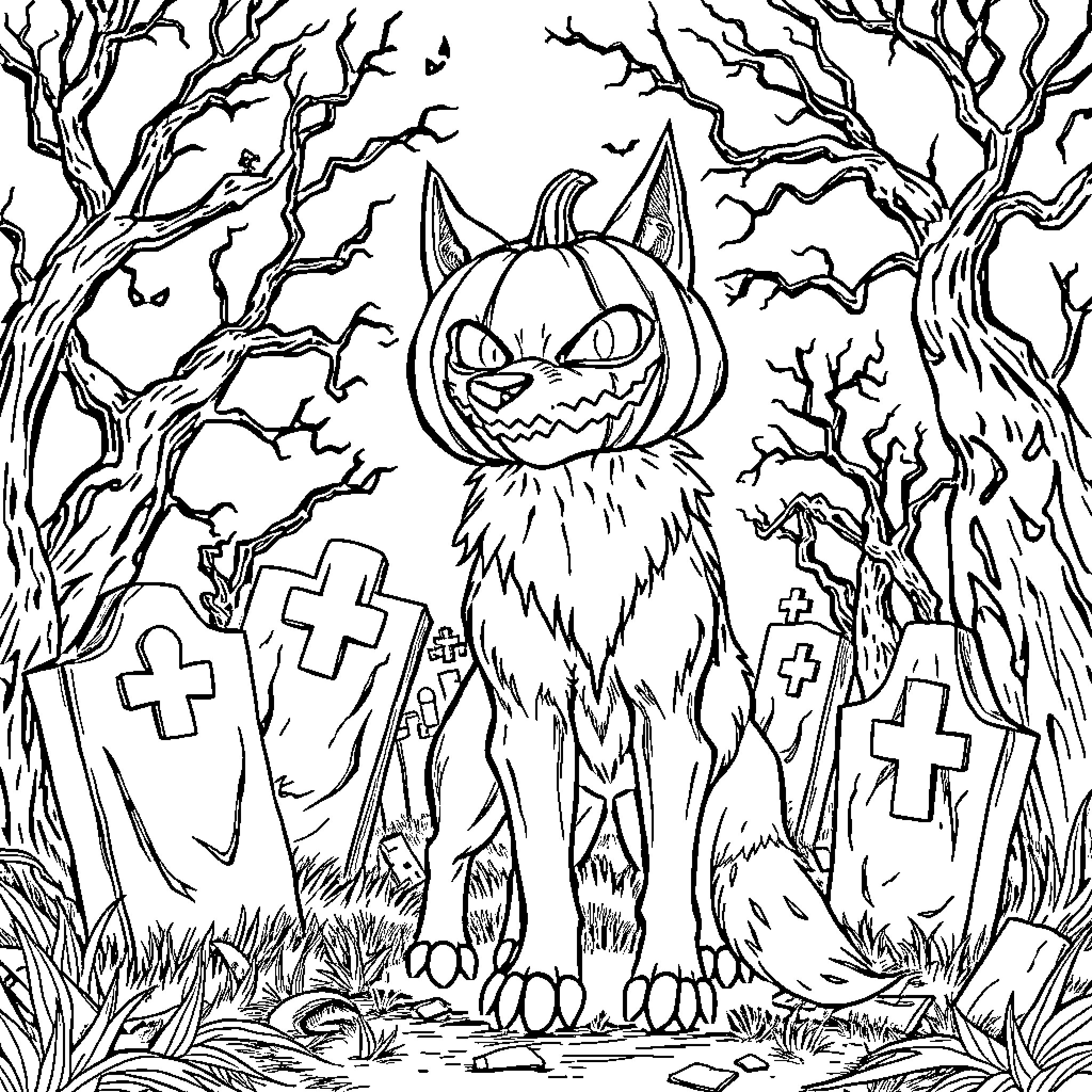 Wolf Dog Guarding Haunted Graveyard at Night Coloring Page (free black-and-white line drawing printable PDF for all, from beginners to advanced learners, including children, teens, adults, and seniors)
