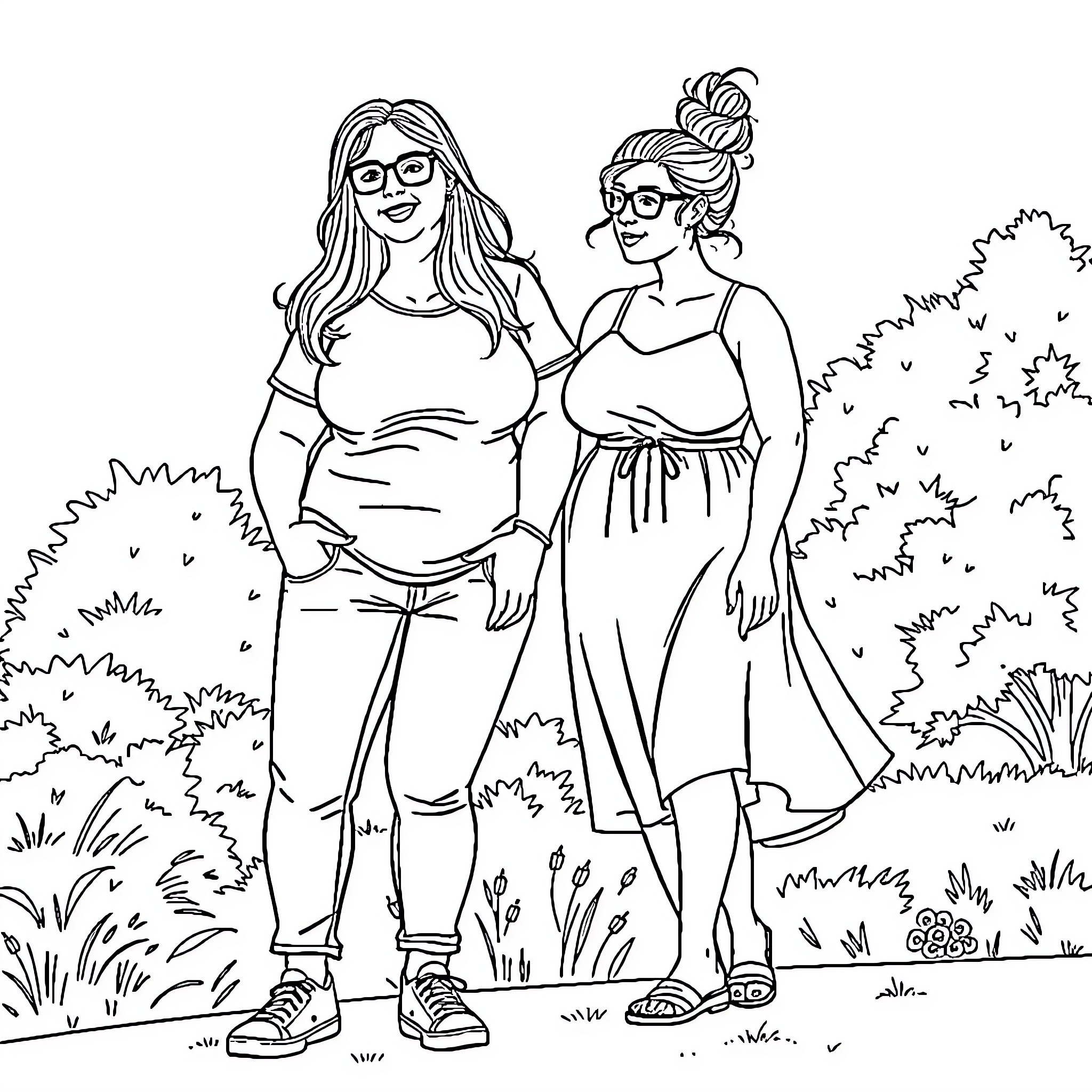 Women enjoying nature together Coloring Page (free black-and-white line drawing printable PDF for all, from beginners to advanced learners, including children, teens, adults, and seniors)
