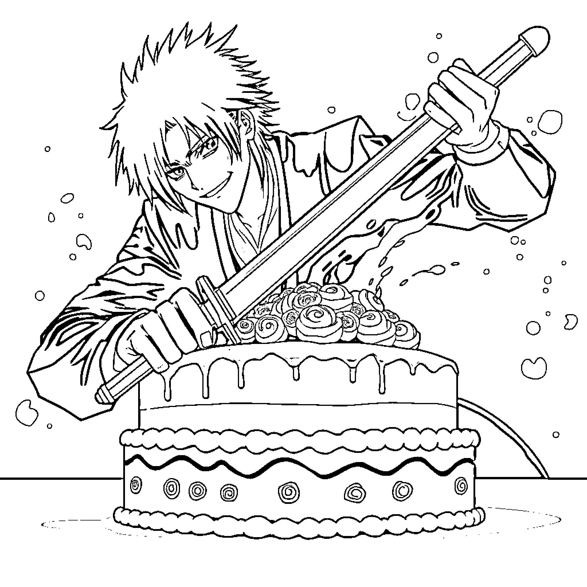 Ichigo's Birthday Celebration Coloring Page (free black-and-white line drawing printable PDF for all, from beginners to advanced learners, including children, teens, adults, and seniors)
