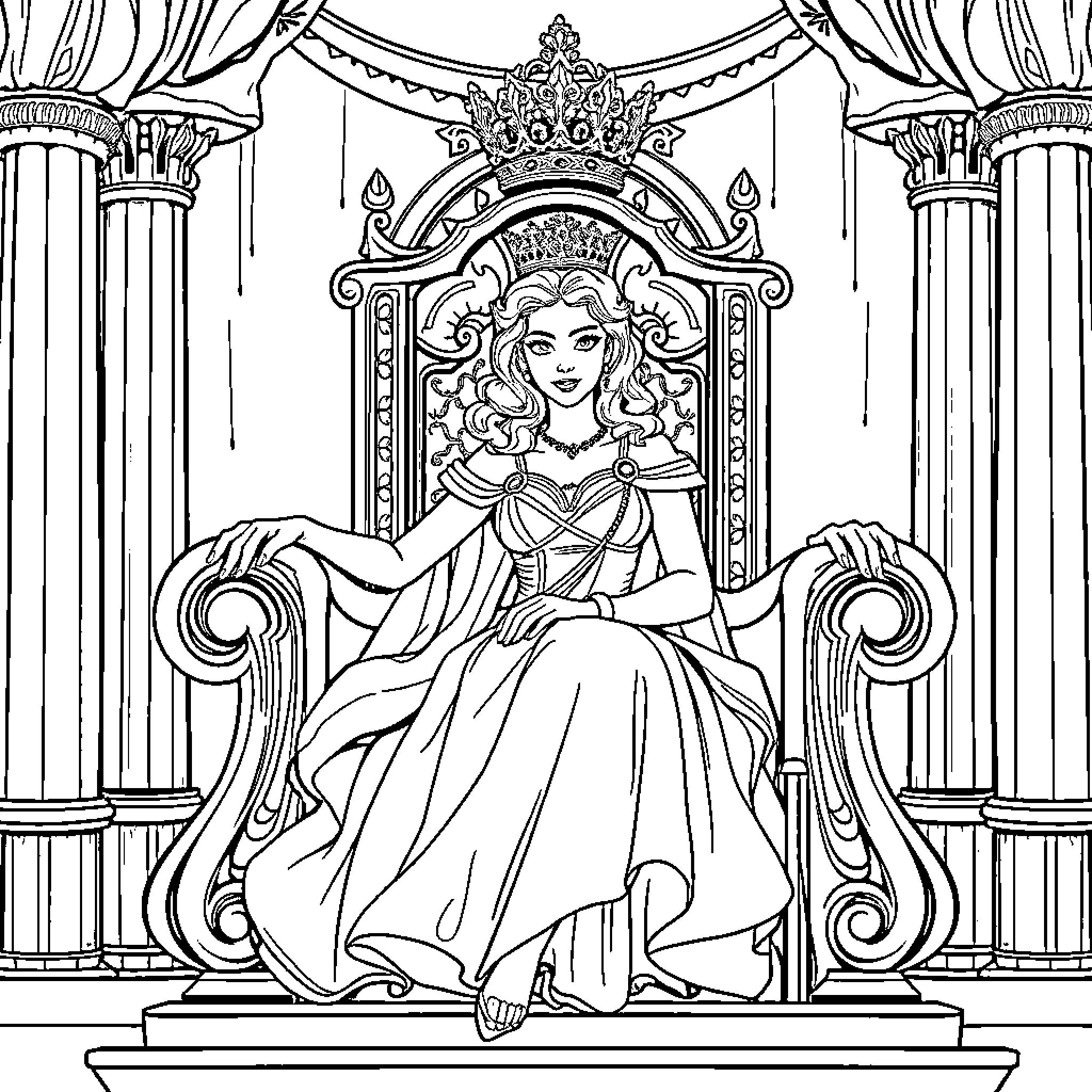 Princess in Regal Attire on Ornate Throne Coloring Page (free black-and-white line drawing printable PDF for all, from beginners to advanced learners, including children, teens, adults, and seniors)