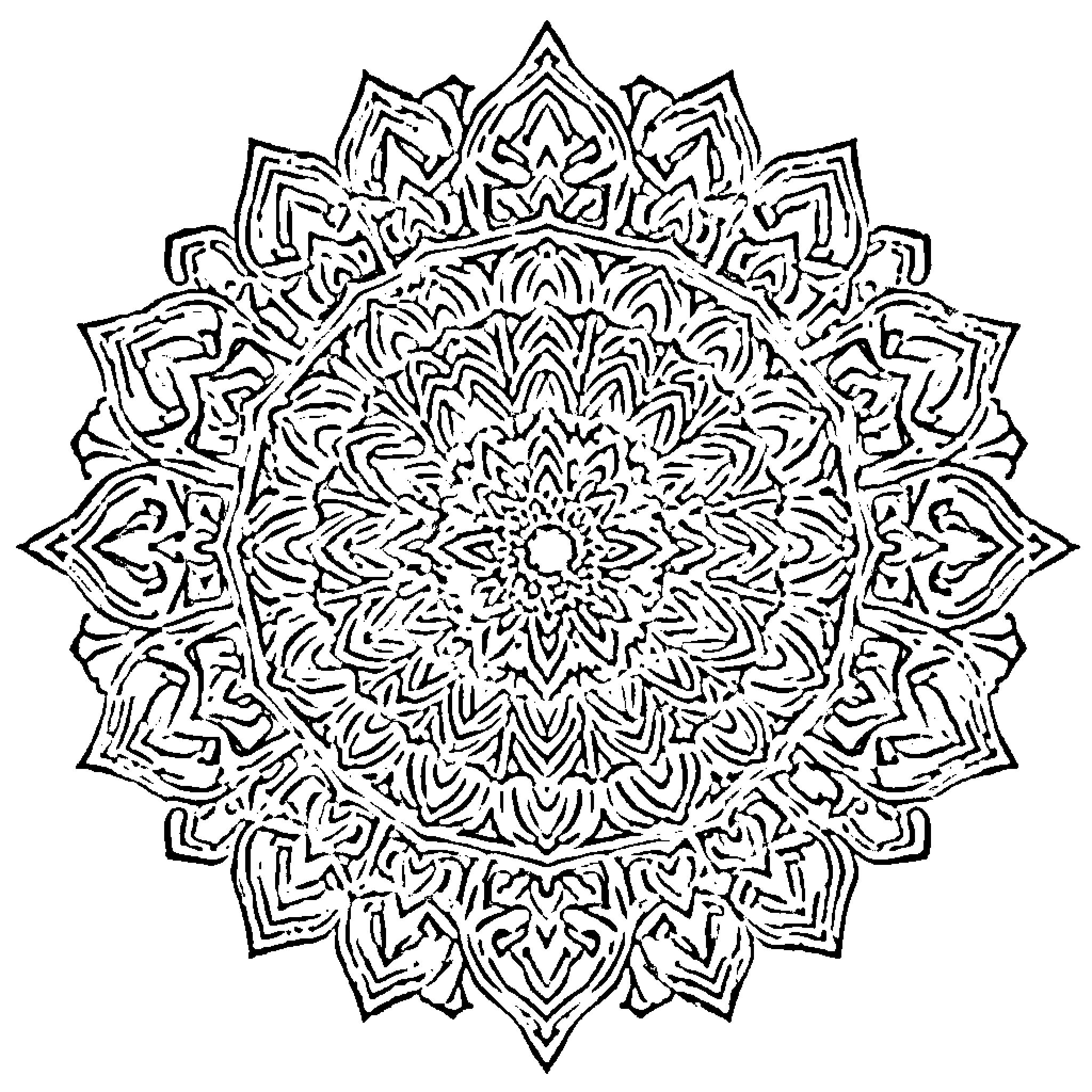 Mandala of intricate patterns and symmetry Coloring Page (free black-and-white line drawing printable PDF for all, from beginners to advanced learners, including children, teens, adults, and seniors)