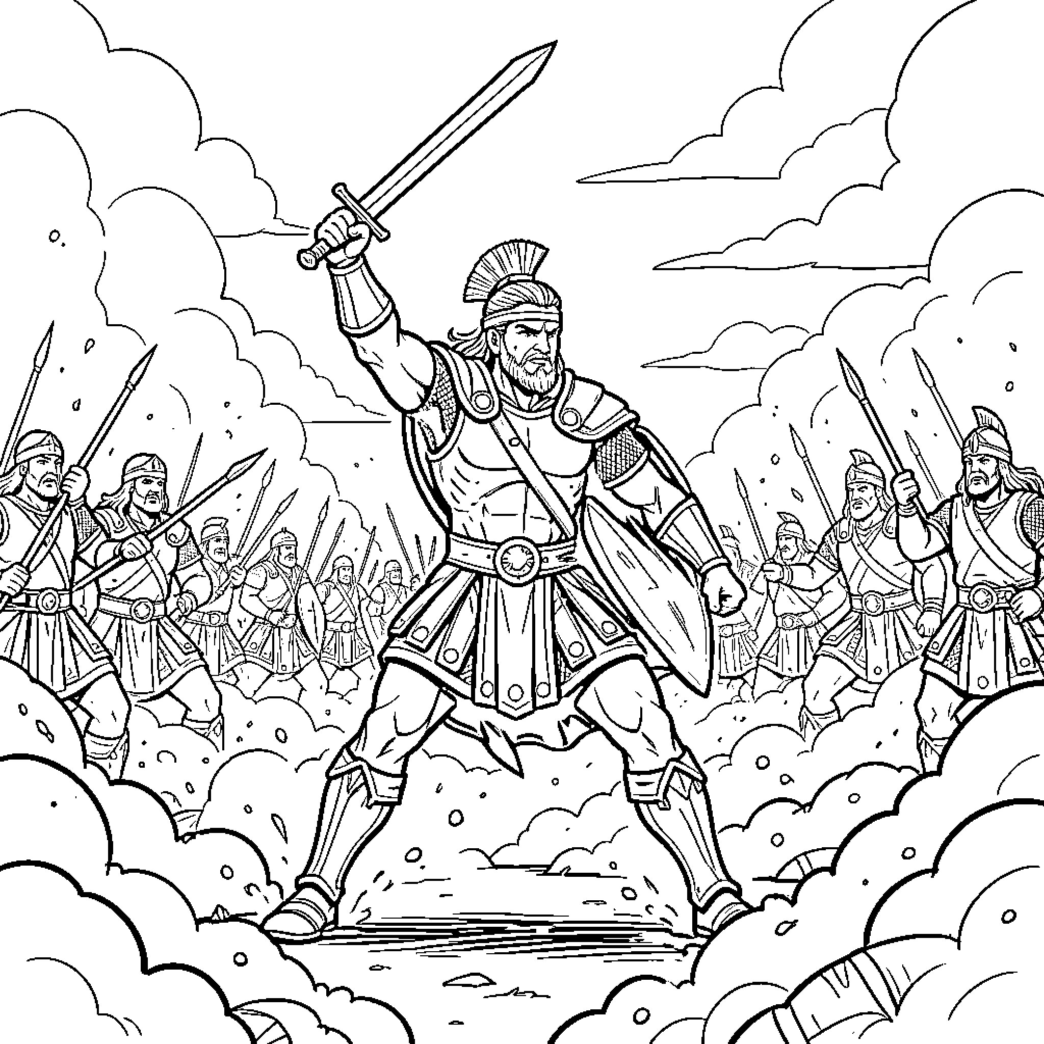 Capitan Moroni leading an army into battle Coloring Page (free black-and-white line drawing printable PDF for all, from beginners to advanced learners, including children, teens, adults, and seniors)