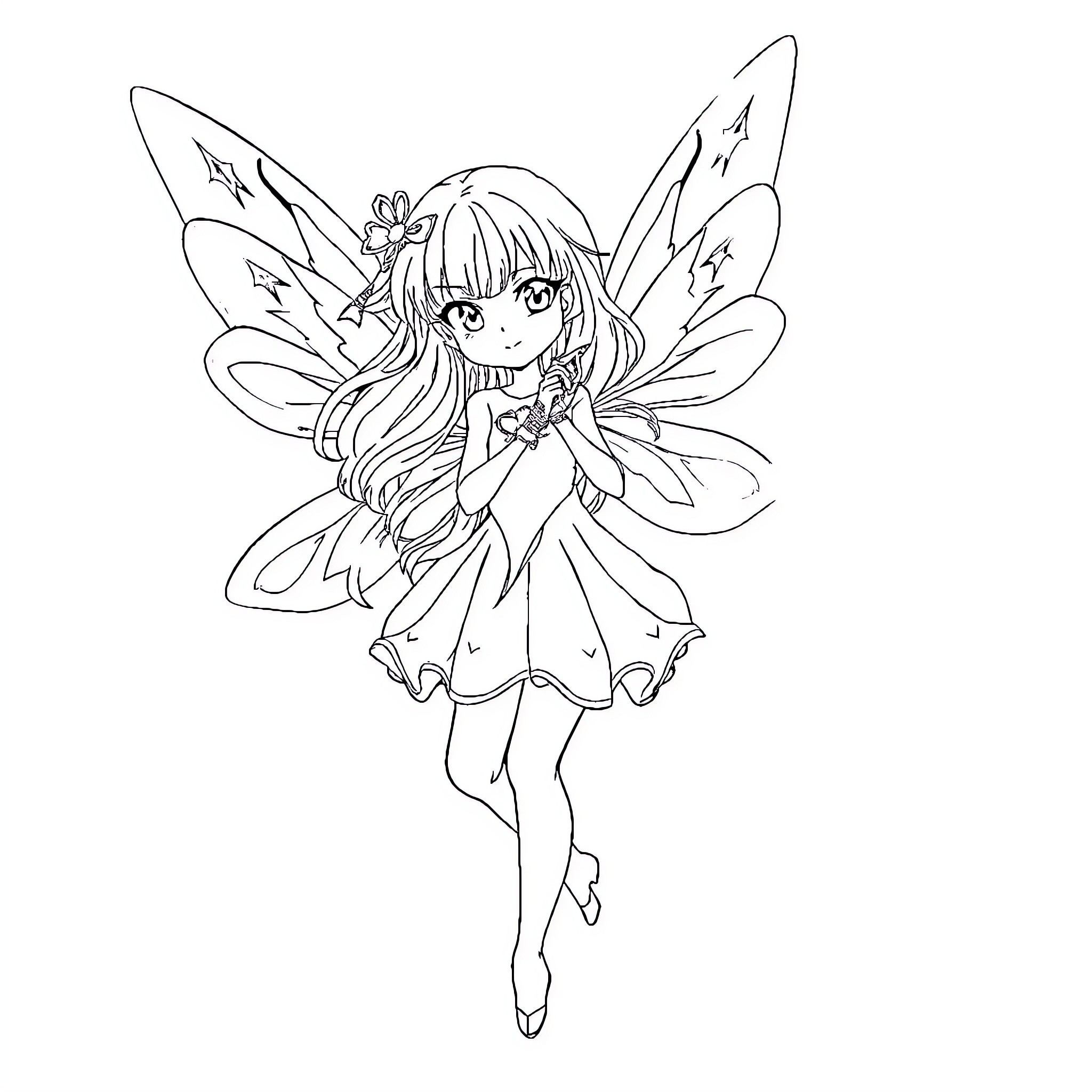 Fairy girl with long hair and wings poses gracefully Coloring Page (free black-and-white line drawing printable PDF for all, from beginners to advanced learners, including children, teens, adults, and seniors)