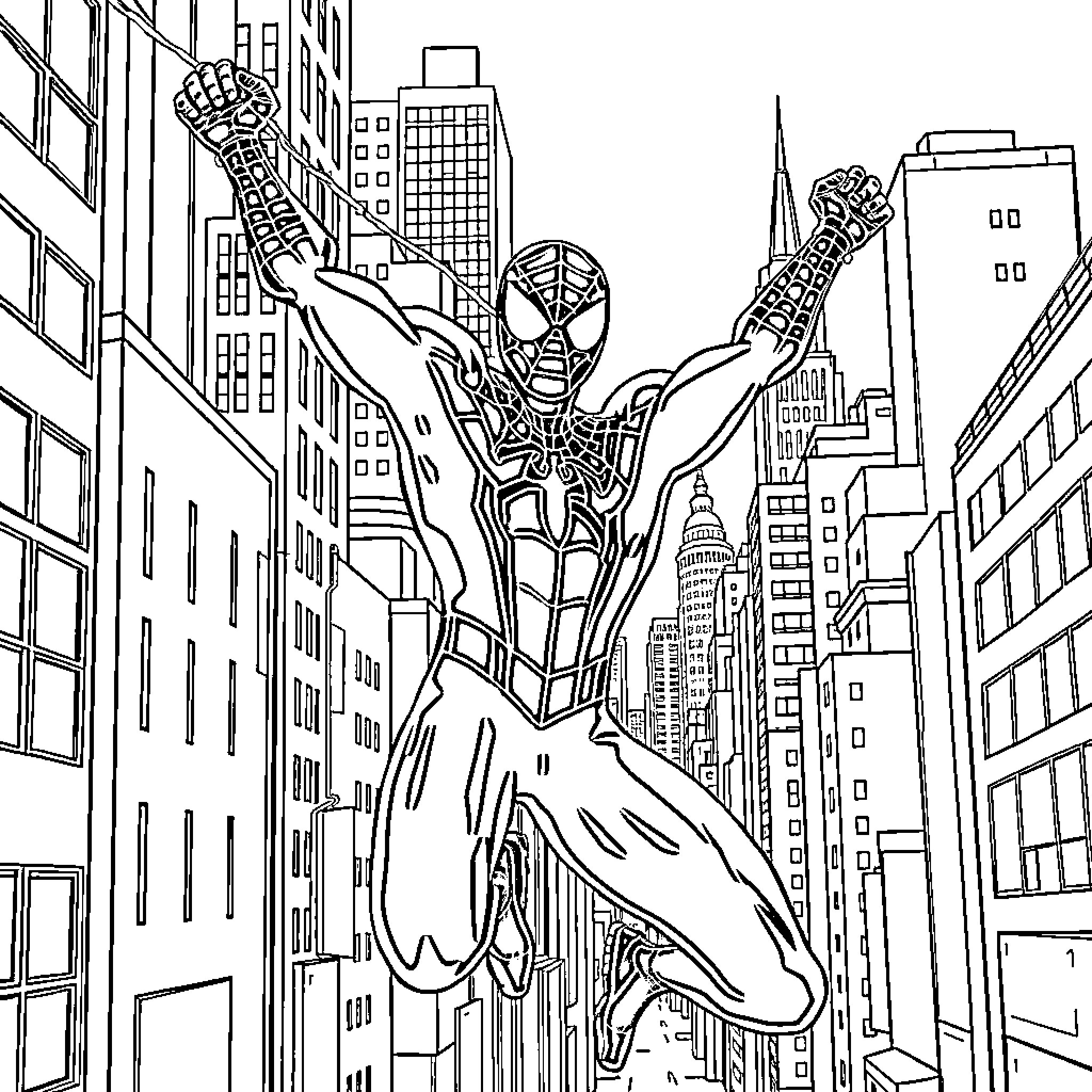 Spiderman swinging through the city skyline Coloring Page (free black-and-white line drawing printable PDF for all, from beginners to advanced learners, including children, teens, adults, and seniors)