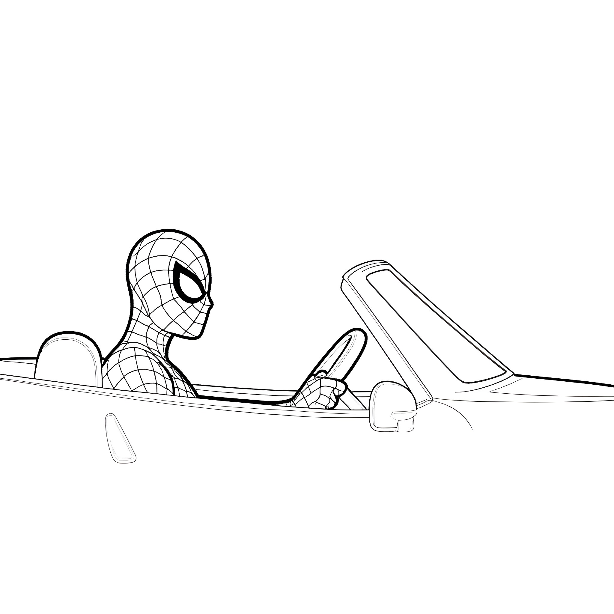 Spiderman riding a car in a line drawing style Coloring Page (free black-and-white line drawing printable PDF for all, from beginners to advanced learners, including children, teens, adults, and seniors)