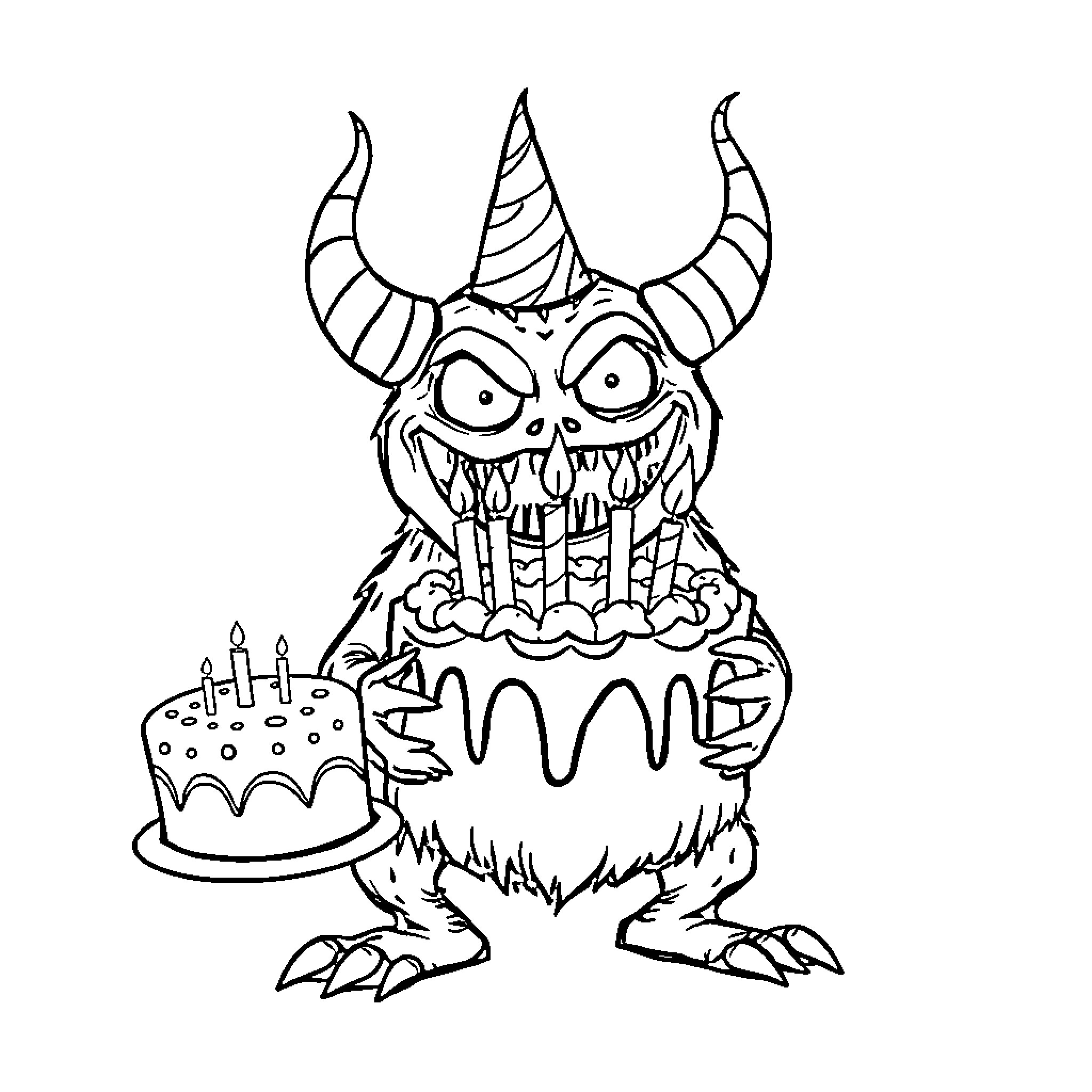 Jeepers Creepers: Monster with Cake Celebrating Coloring Page (free black-and-white line drawing printable PDF for all, from beginners to advanced learners, including children, teens, adults, and seniors)