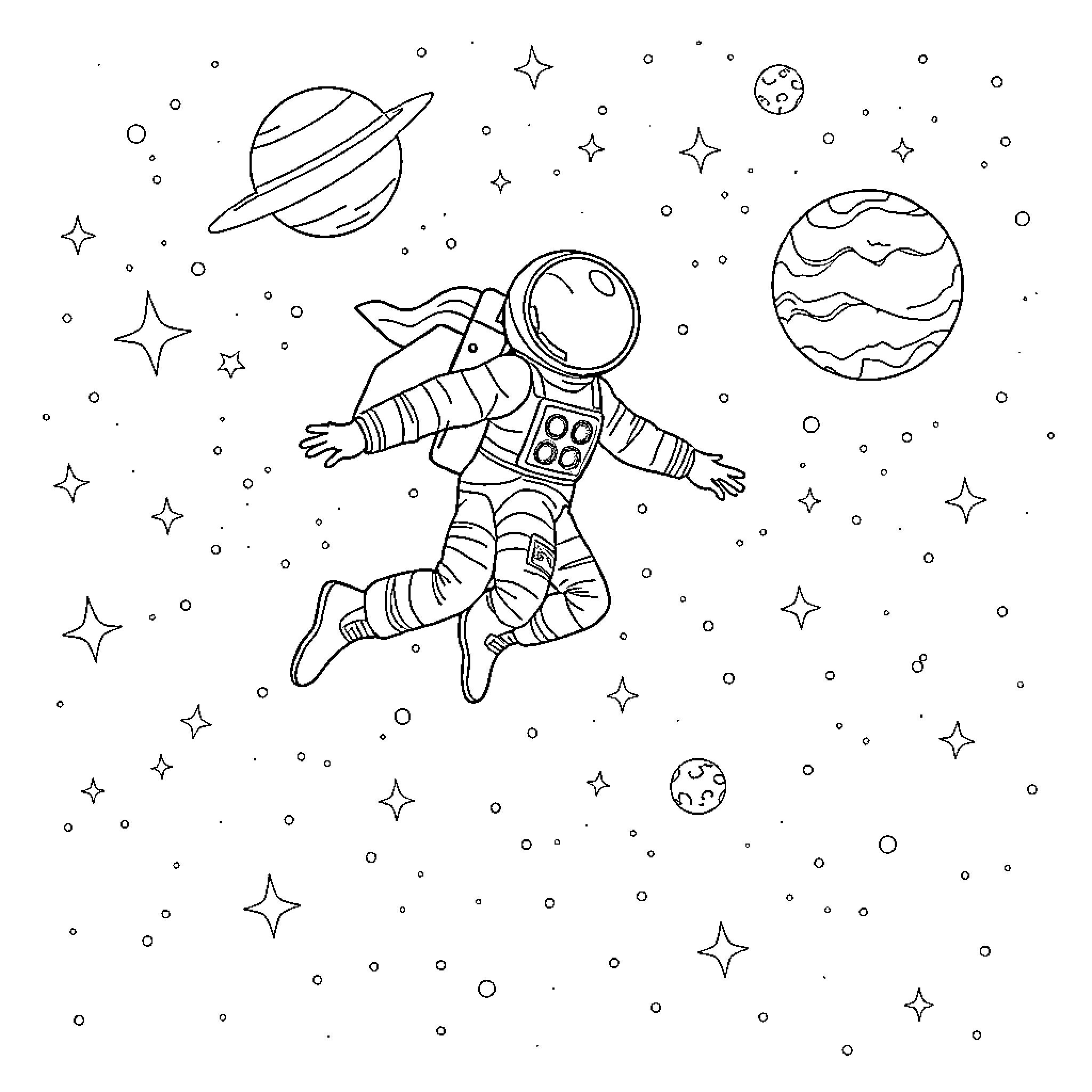 Space Man Exploring Interstellar Landscapes Coloring Page (free black-and-white line drawing printable PDF for all, from beginners to advanced learners, including children, teens, adults, and seniors)
