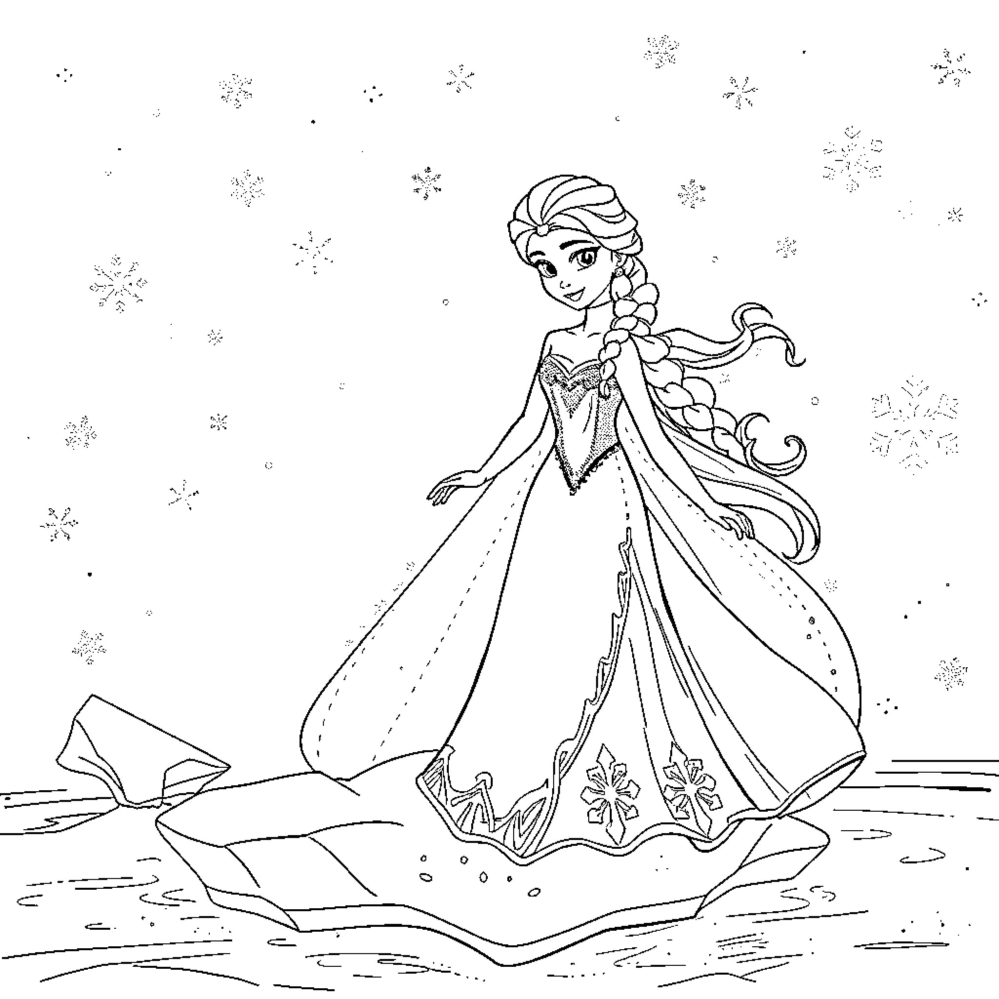 Vaiana in a winter wonderland with flowing dress Coloring Page (free black-and-white line drawing printable PDF for all, from beginners to advanced learners, including children, teens, adults, and seniors)