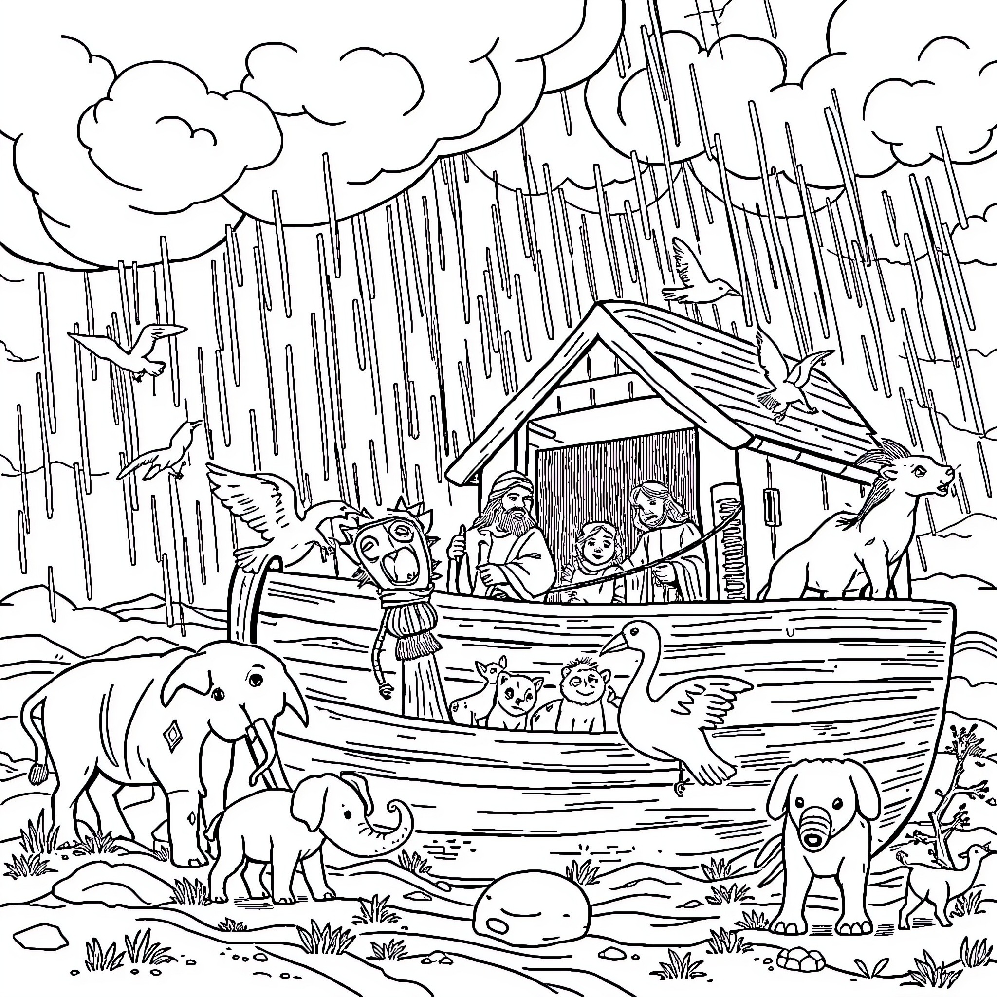 Noah's Ark Shelter from the Storm Coloring Page (free black-and-white line drawing printable PDF for all, from beginners to advanced learners, including children, teens, adults, and seniors)
