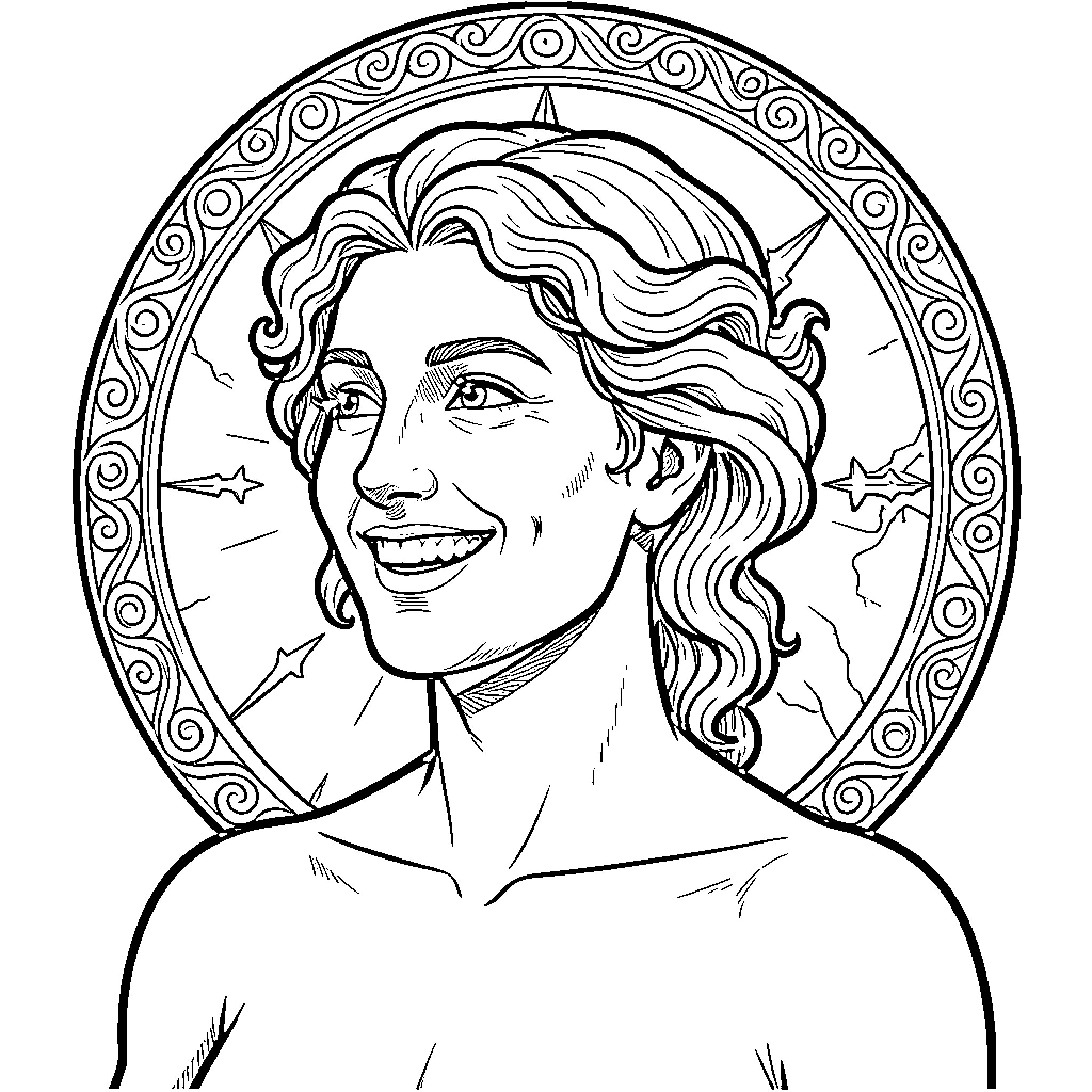Medusa's Mystical Radiance Coloring Page (free black-and-white line drawing printable PDF for all, from beginners to advanced learners, including children, teens, adults, and seniors)