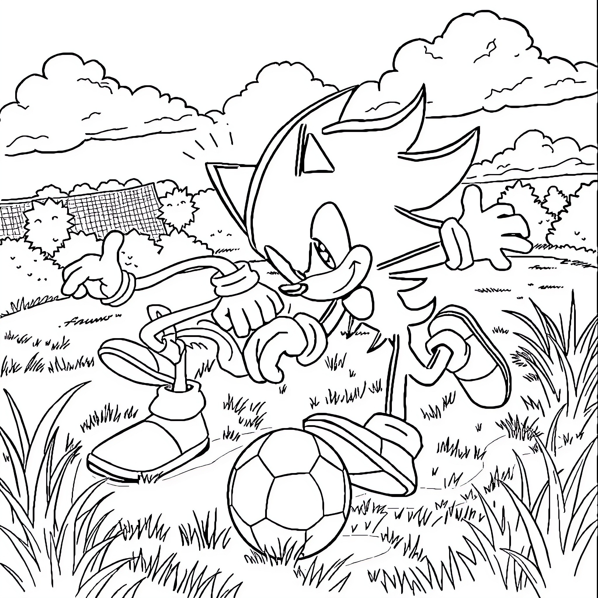 Shadow Sonic the Hedgehog playing with a soccer ball Coloring Page (free black-and-white line drawing printable PDF for all, from beginners to advanced learners, including children, teens, adults, and seniors)