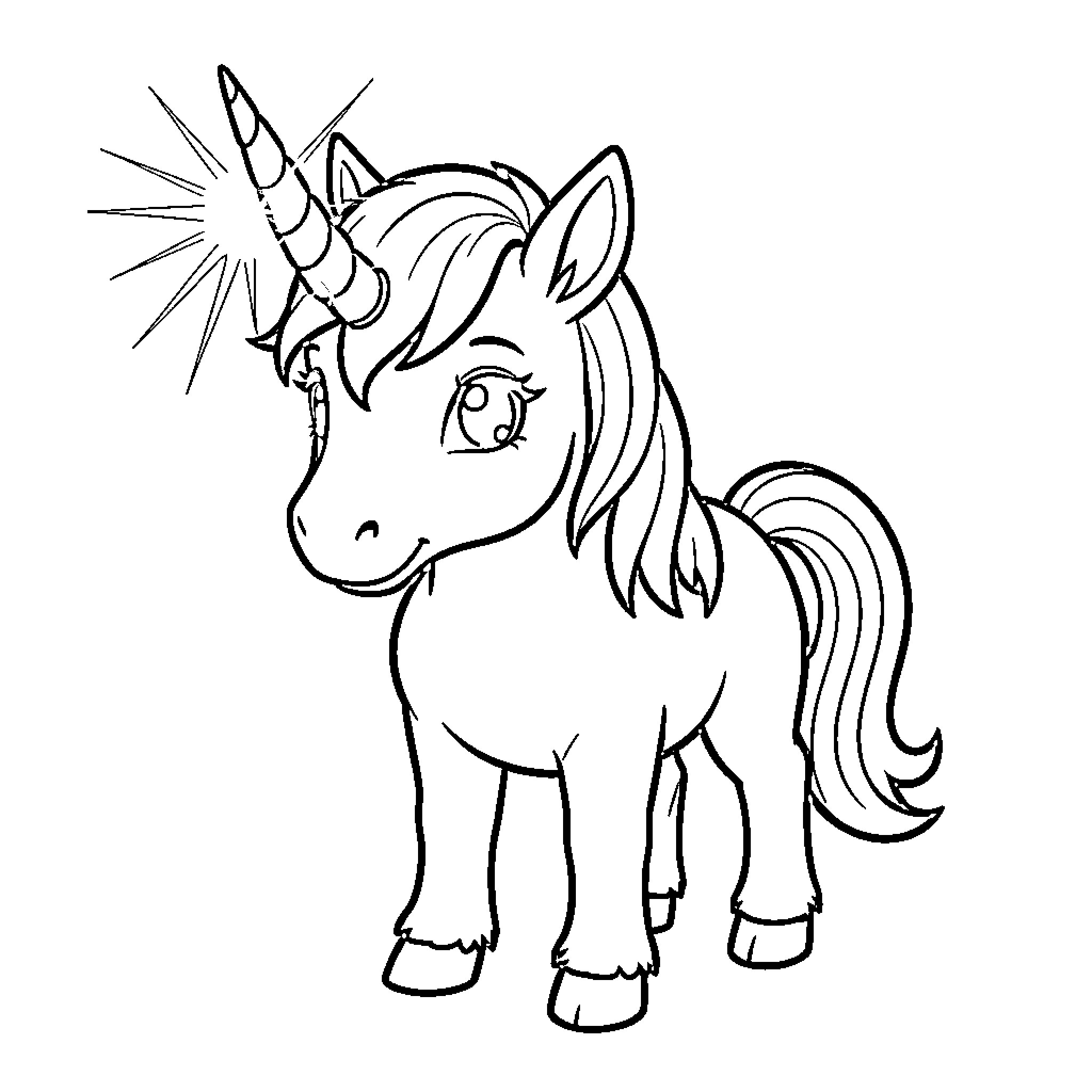 Unicorn standing with a sparkling horn and happy expression Coloring Page (free black-and-white line drawing printable PDF for all, from beginners to advanced learners, including children, teens, adults, and seniors)