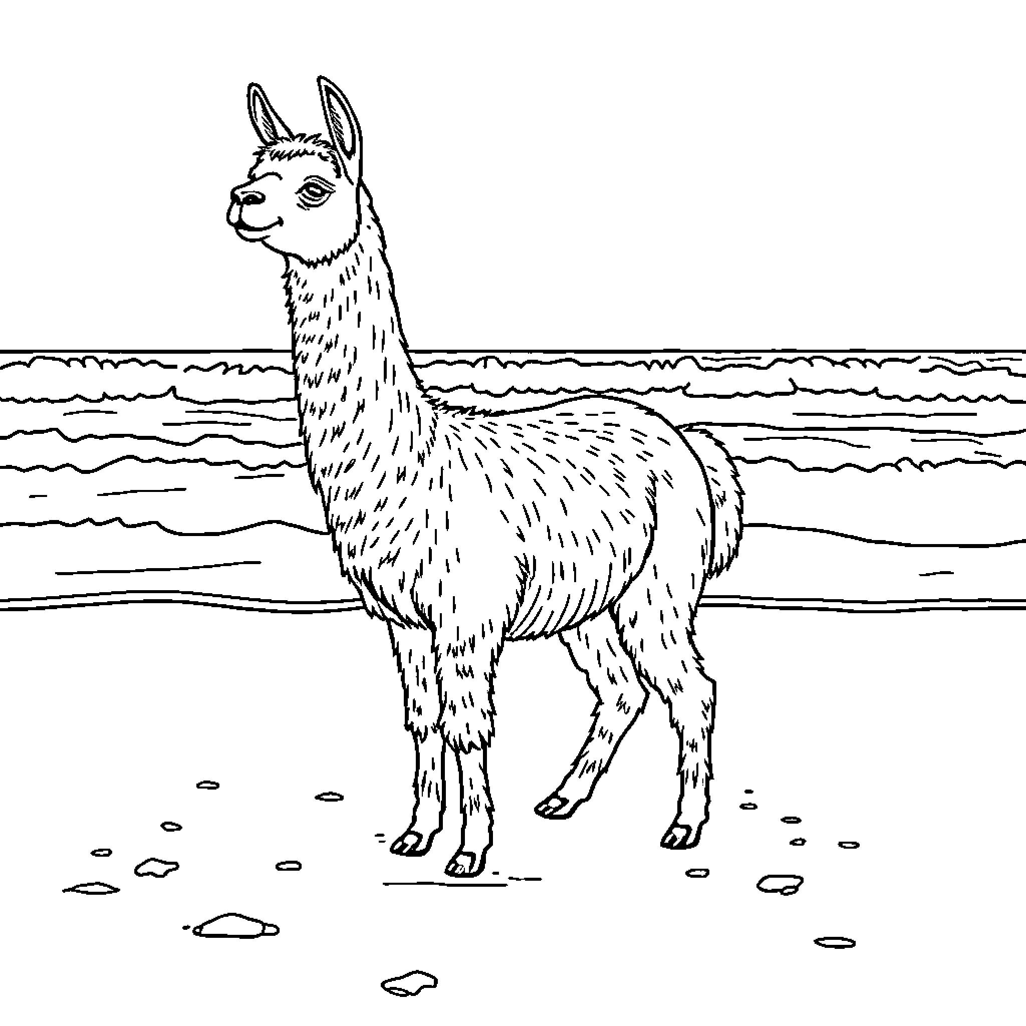 Alpaca standing by the shore Coloring Page (free black-and-white line drawing printable PDF for all, from beginners to advanced learners, including children, teens, adults, and seniors)