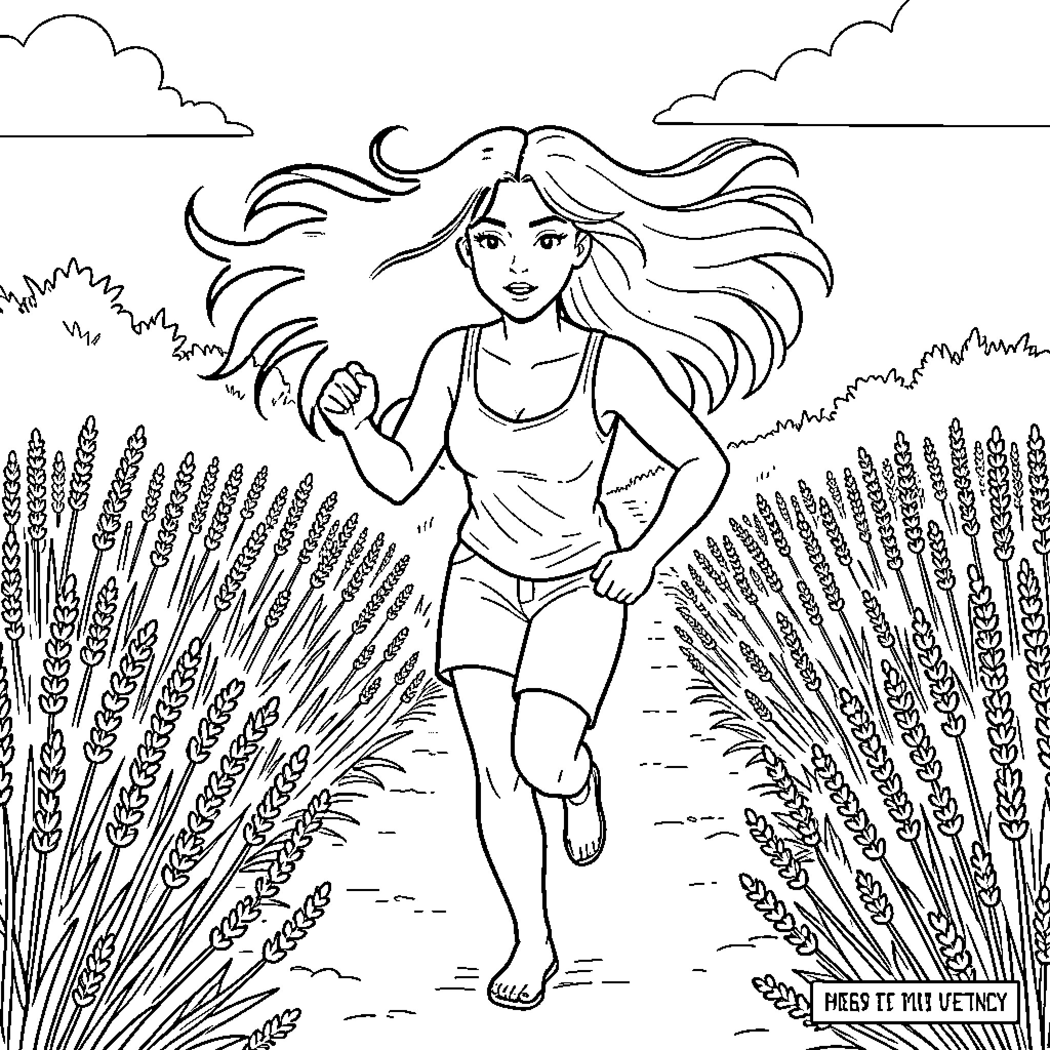 Woman running through a field of wheat Coloring Page (free black-and-white line drawing printable PDF for all, from beginners to advanced learners, including children, teens, adults, and seniors)