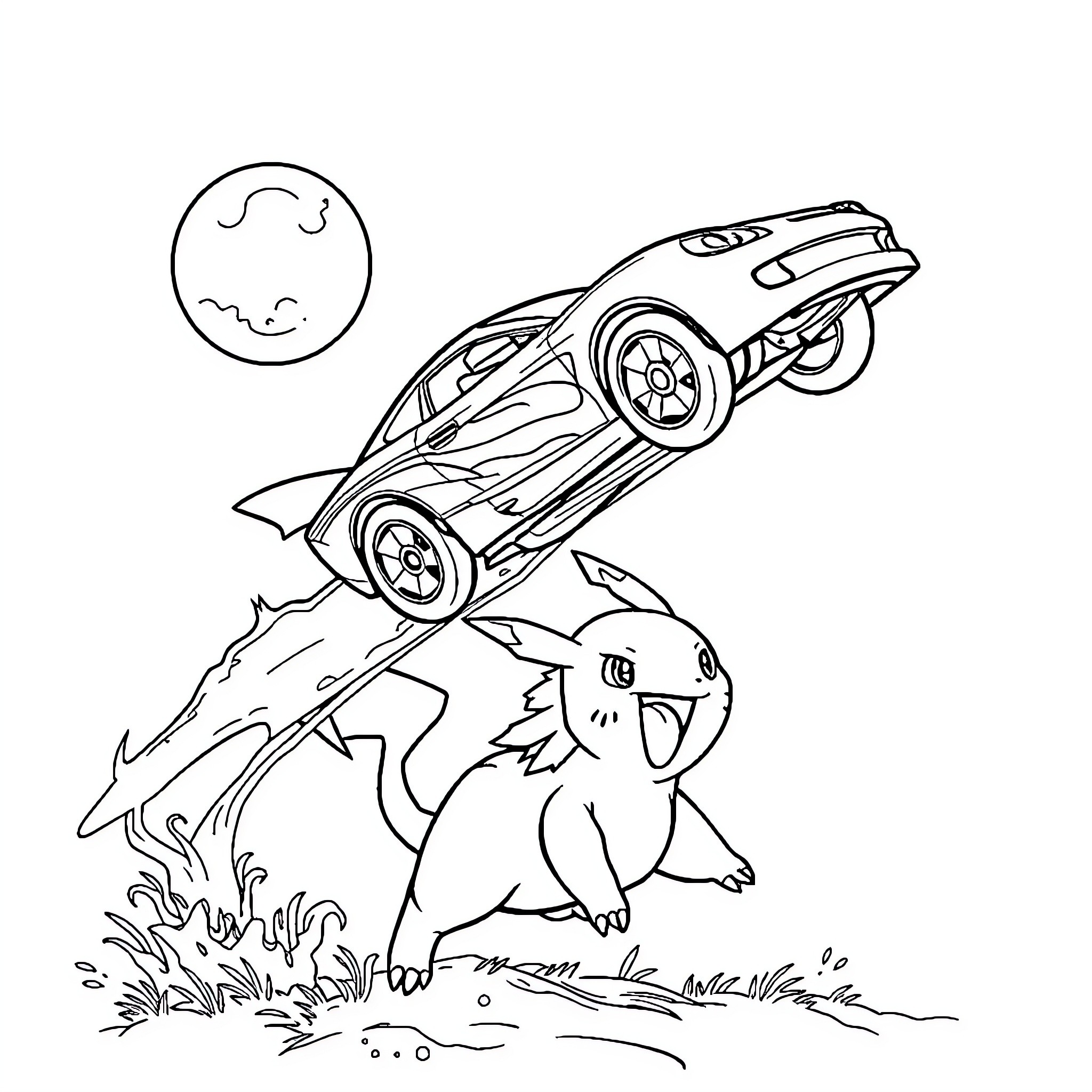 Car jumping over cartoon creature in grassy scene Coloring Page (free black-and-white line drawing printable PDF for all, from beginners to advanced learners, including children, teens, adults, and seniors)
