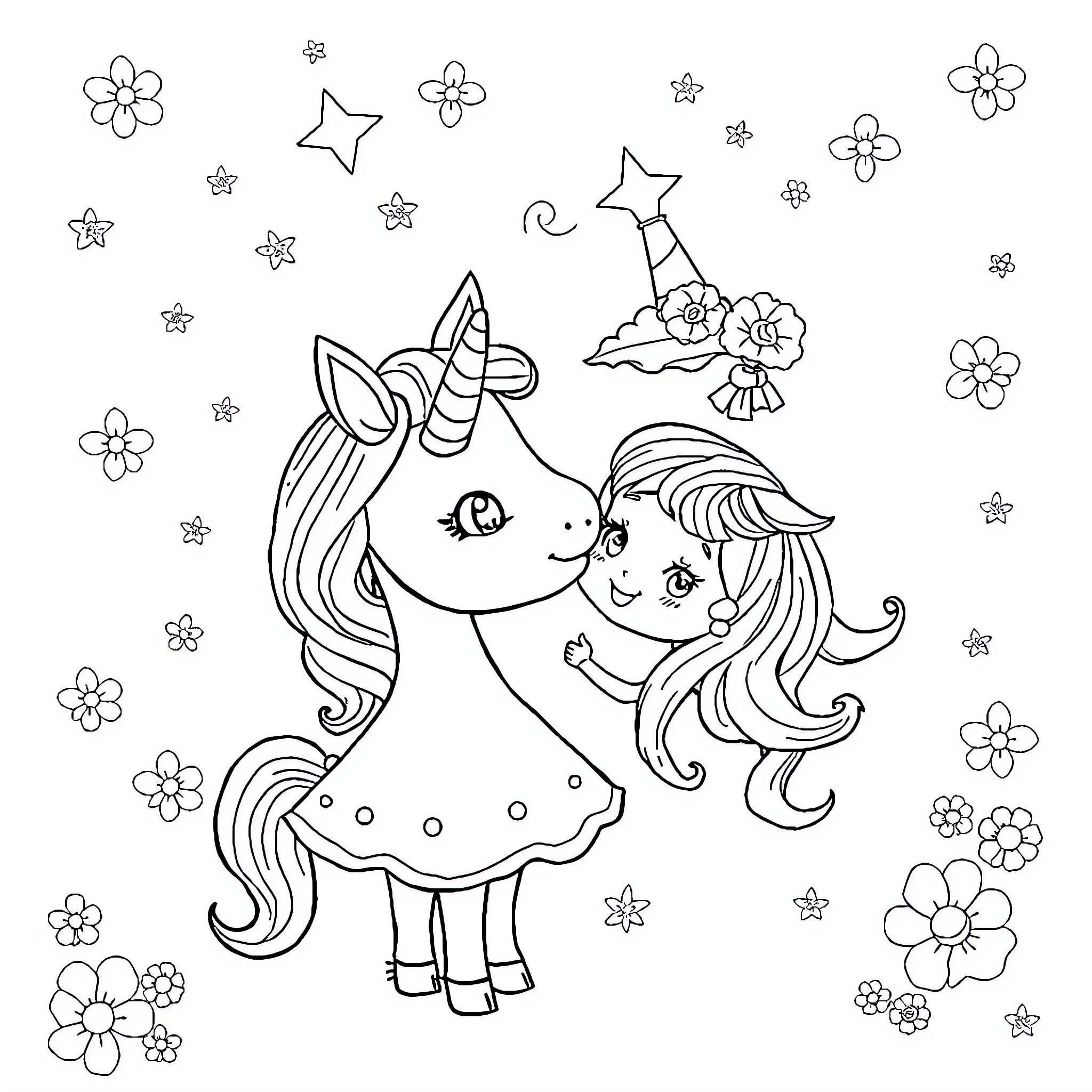Unicorn dancing joyfully among flowers and stars Coloring Page (free black-and-white line drawing printable PDF for all, from beginners to advanced learners, including children, teens, adults, and seniors)