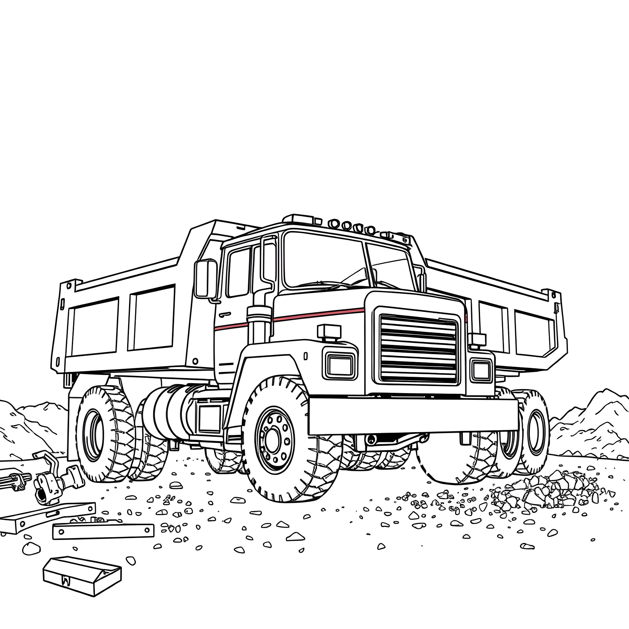 GMC Dually Dump Truck on Dusty Road Coloring Page (free black-and-white line drawing printable PDF for all, from beginners to advanced learners, including children, teens, adults, and seniors)