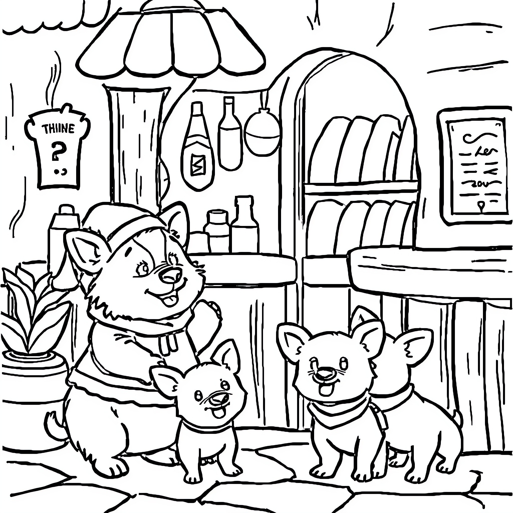 Little Red Riding Hood's Encounter with Adorable Canine Friends Coloring Page (free black-and-white line drawing printable PDF for all, from beginners to advanced learners, including children, teens, adults, and seniors)