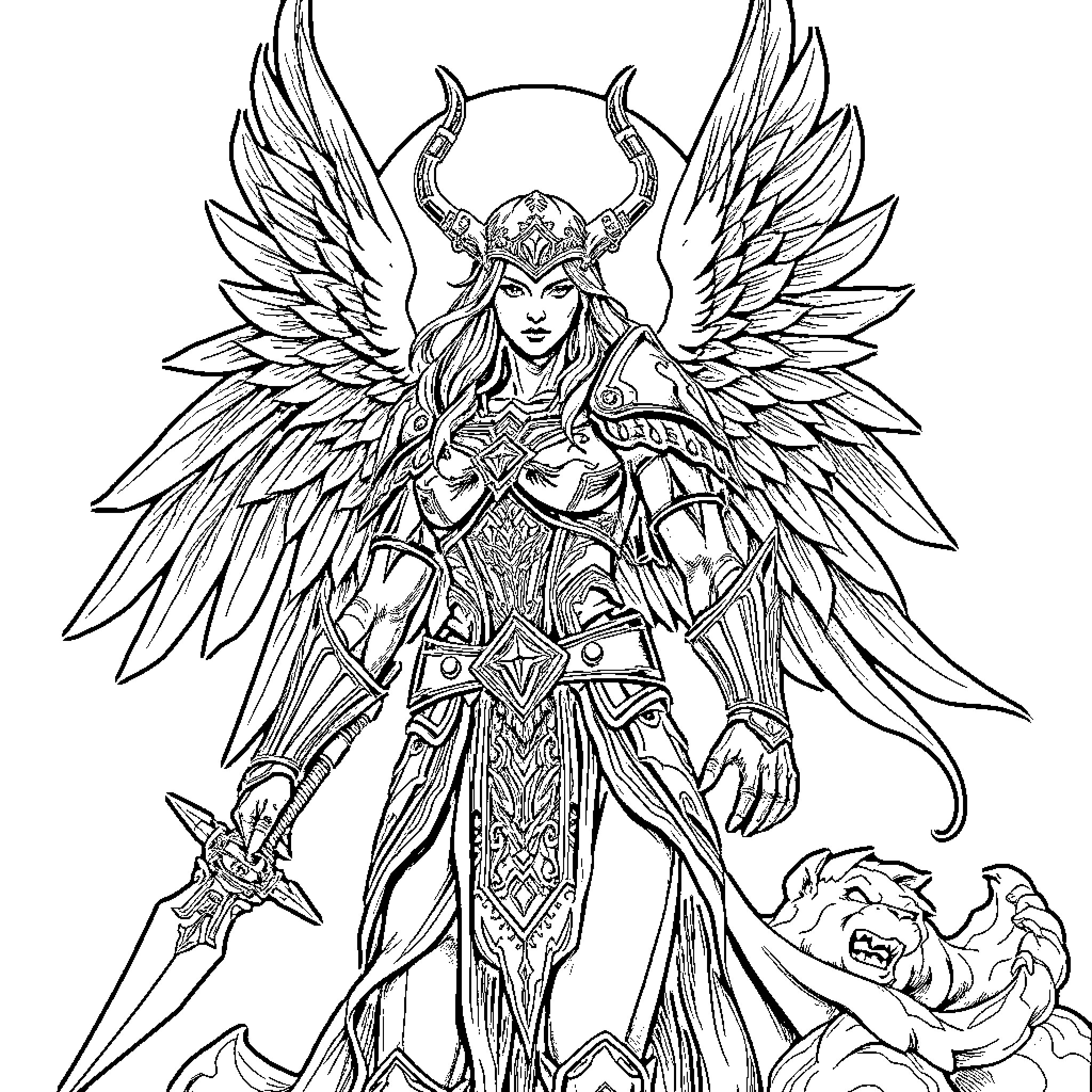 Valkyrie warrior in majestic battle attire Coloring Page (free black-and-white line drawing printable PDF for all, from beginners to advanced learners, including children, teens, adults, and seniors)