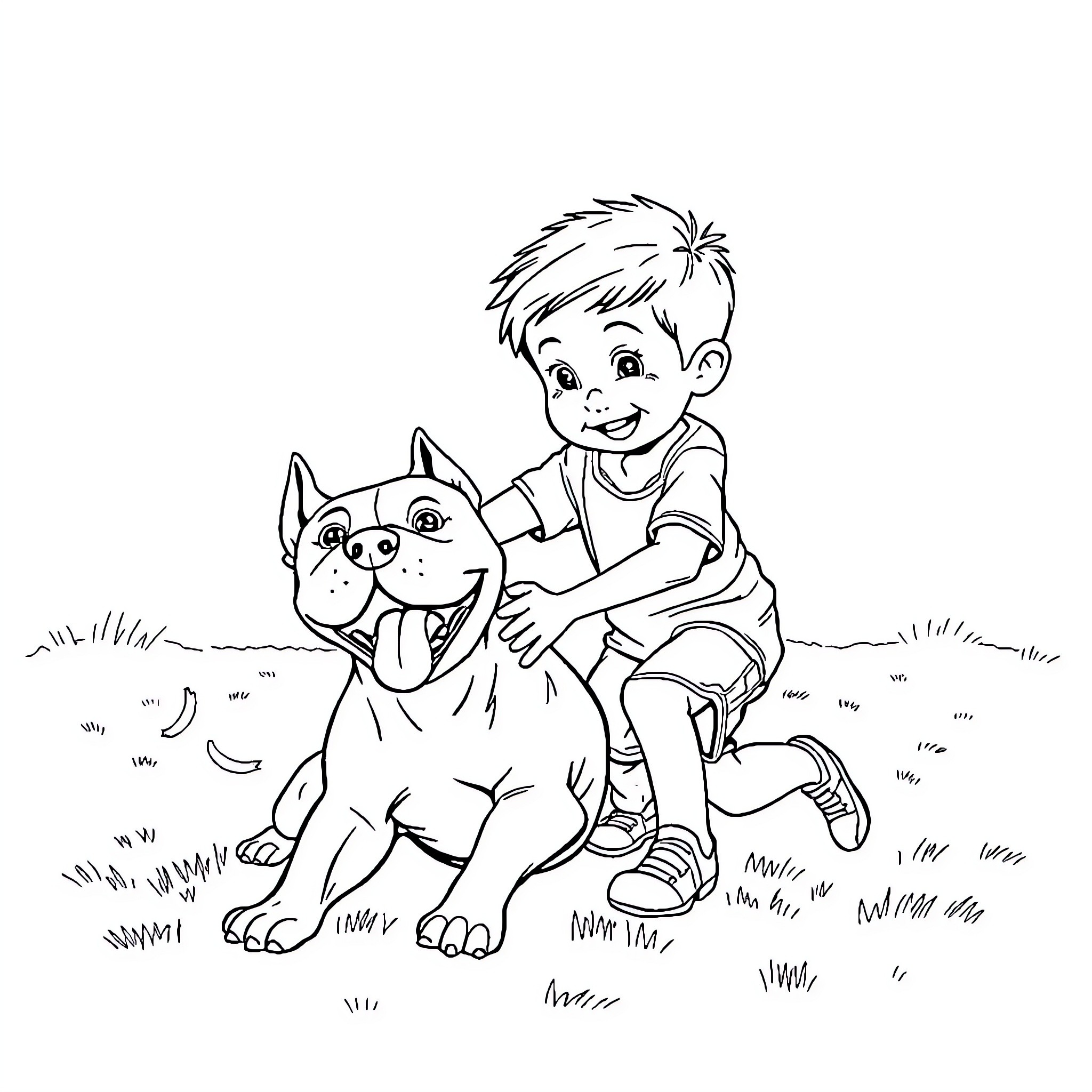 Boy playing affectionately with his pet dog Coloring Page (free black-and-white line drawing printable PDF for all, from beginners to advanced learners, including children, teens, adults, and seniors)