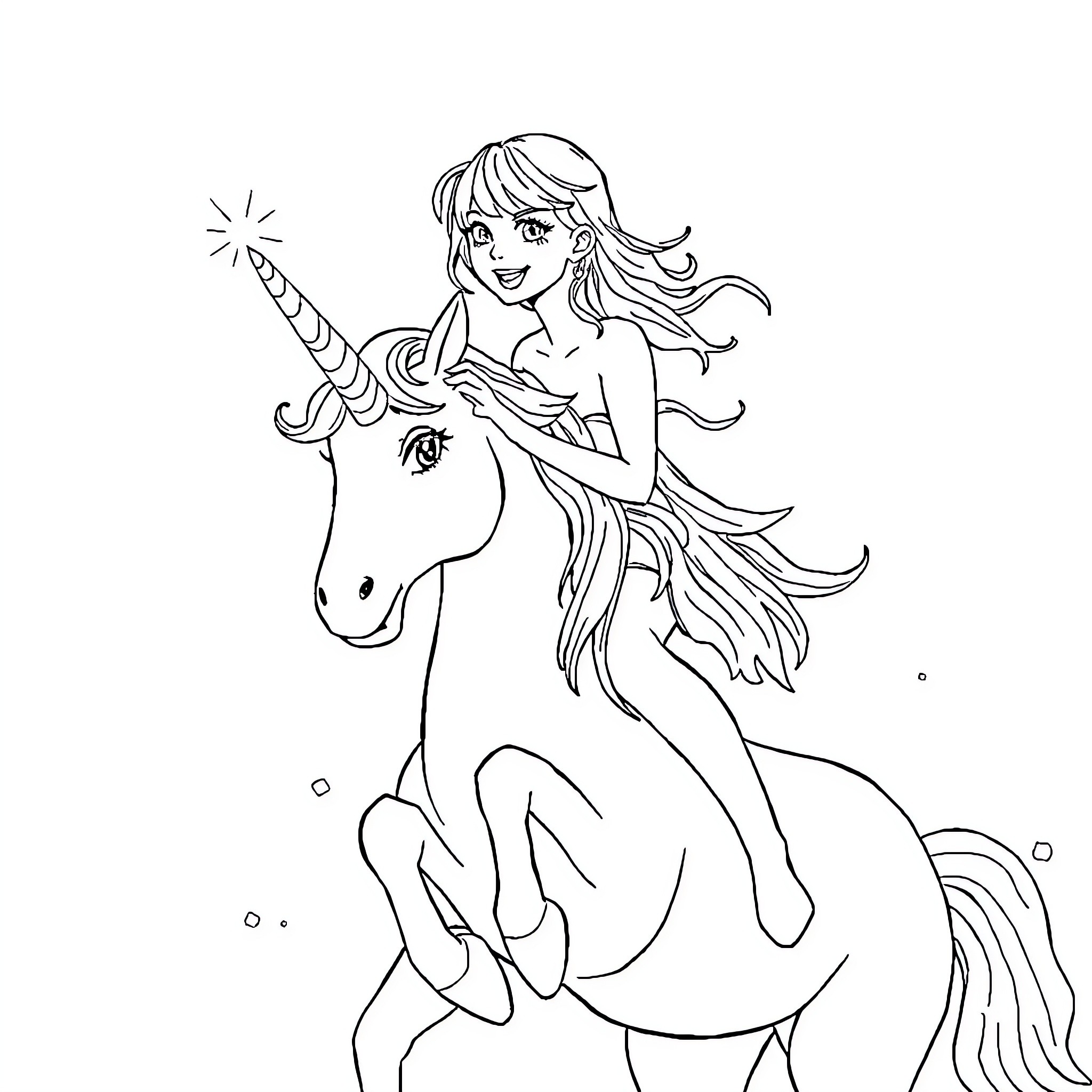 Taylor Swift riding a magical unicorn Coloring Page (free black-and-white line drawing printable PDF for all, from beginners to advanced learners, including children, teens, adults, and seniors)