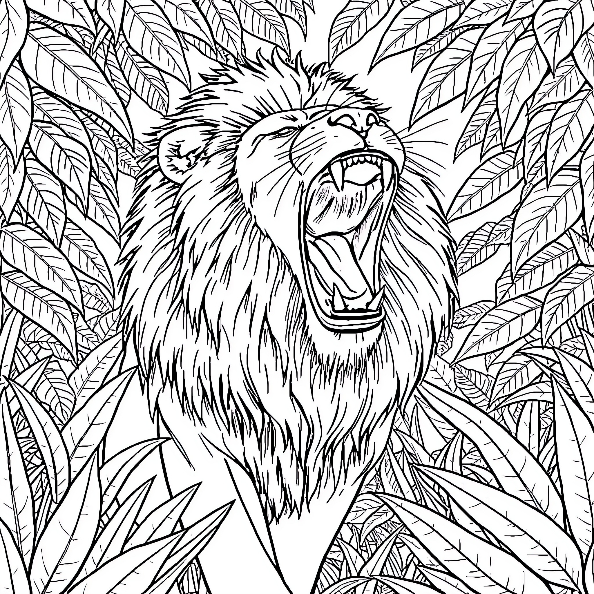 Lion roaring in the jungle Coloring Page (free black-and-white line drawing printable PDF for all, from beginners to advanced learners, including children, teens, adults, and seniors)