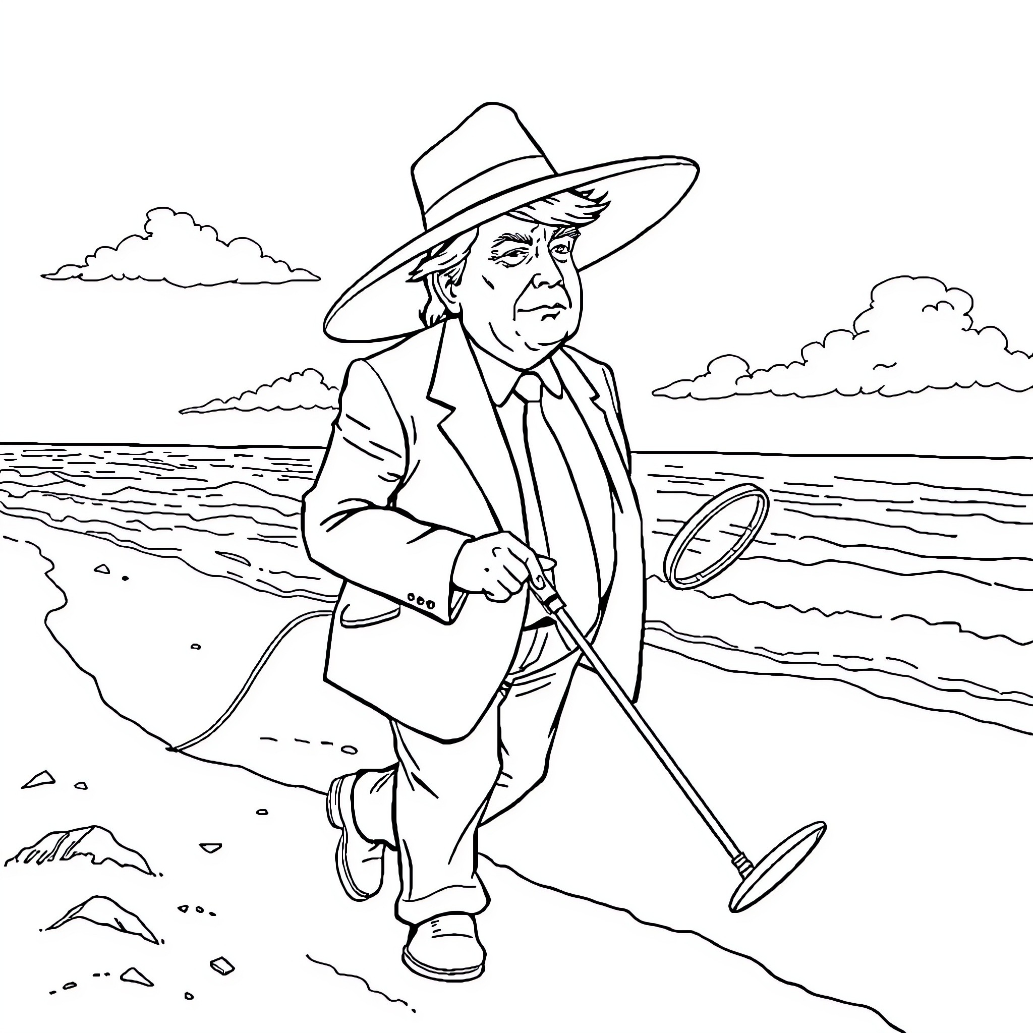 Donald Trump Exploring the Beach with a Magnifying Glass Coloring Page (free black-and-white line drawing printable PDF for all, from beginners to advanced learners, including children, teens, adults, and seniors)