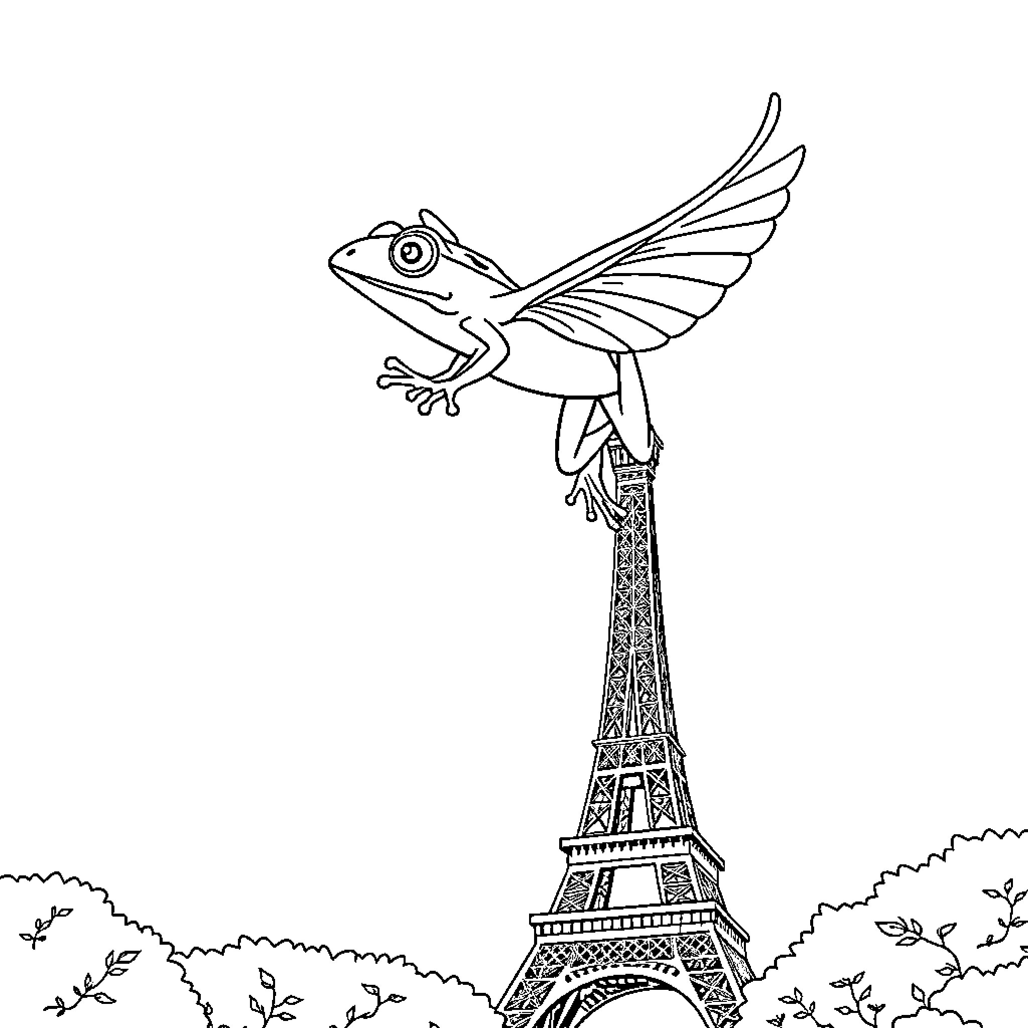 Flying Frog Soaring Above the Eiffel Tower Coloring Page (free black-and-white line drawing printable PDF for all, from beginners to advanced learners, including children, teens, adults, and seniors)