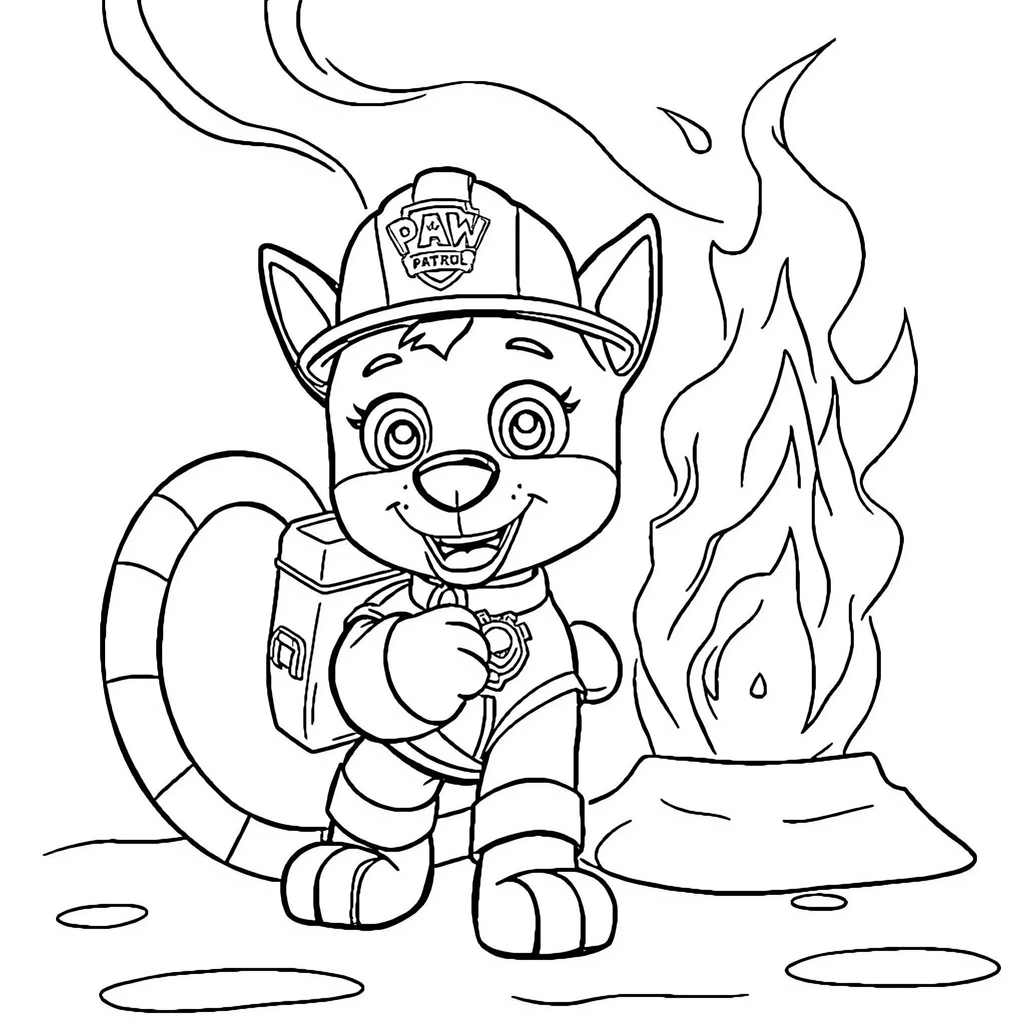 Marshall the Firefighter Pup Extinguishing Flames Coloring Page (free black-and-white line drawing printable PDF for all, from beginners to advanced learners, including children, teens, adults, and seniors)