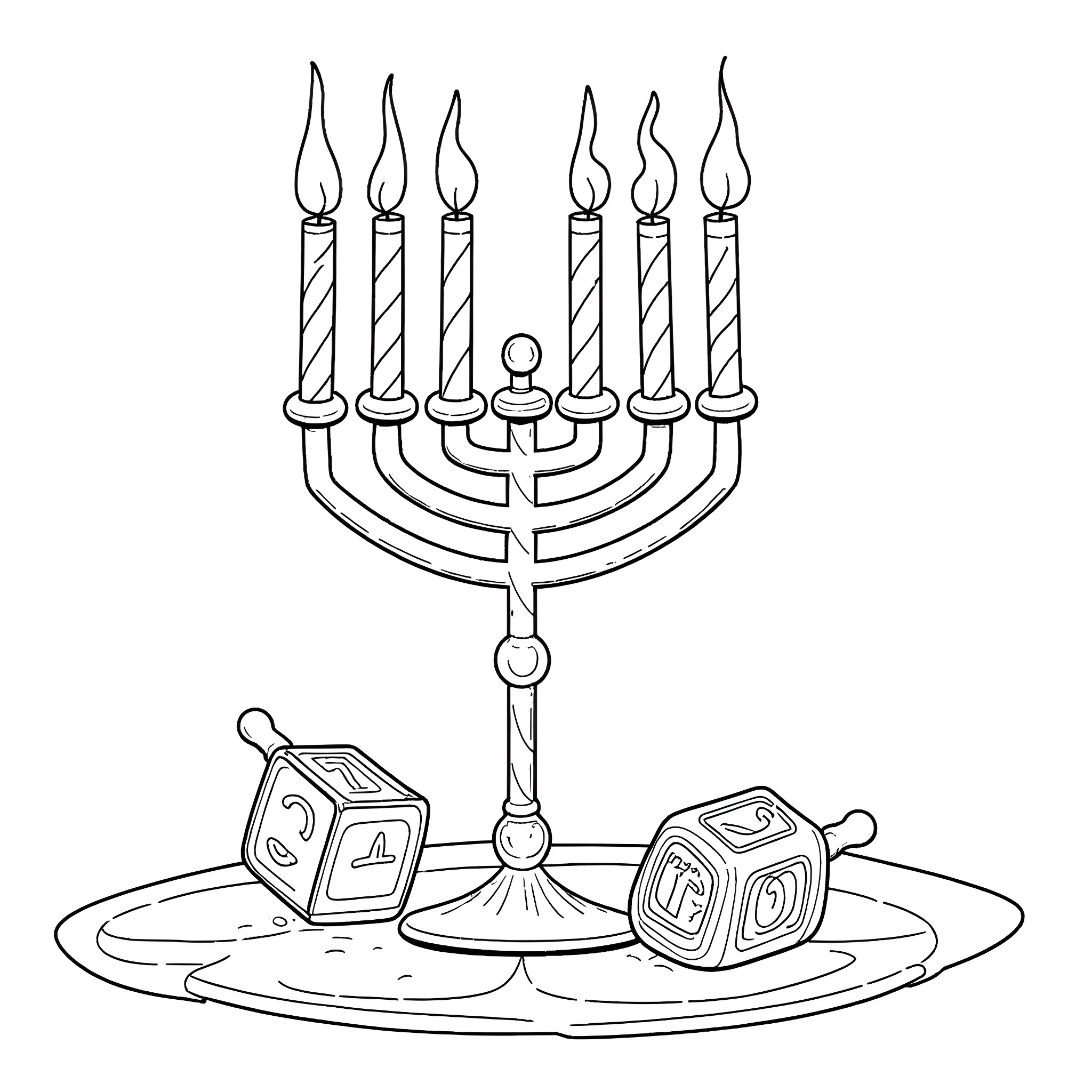 Hanukkah menorah with lit candles and dreidels Coloring Page (free black-and-white line drawing printable PDF for all, from beginners to advanced learners, including children, teens, adults, and seniors)