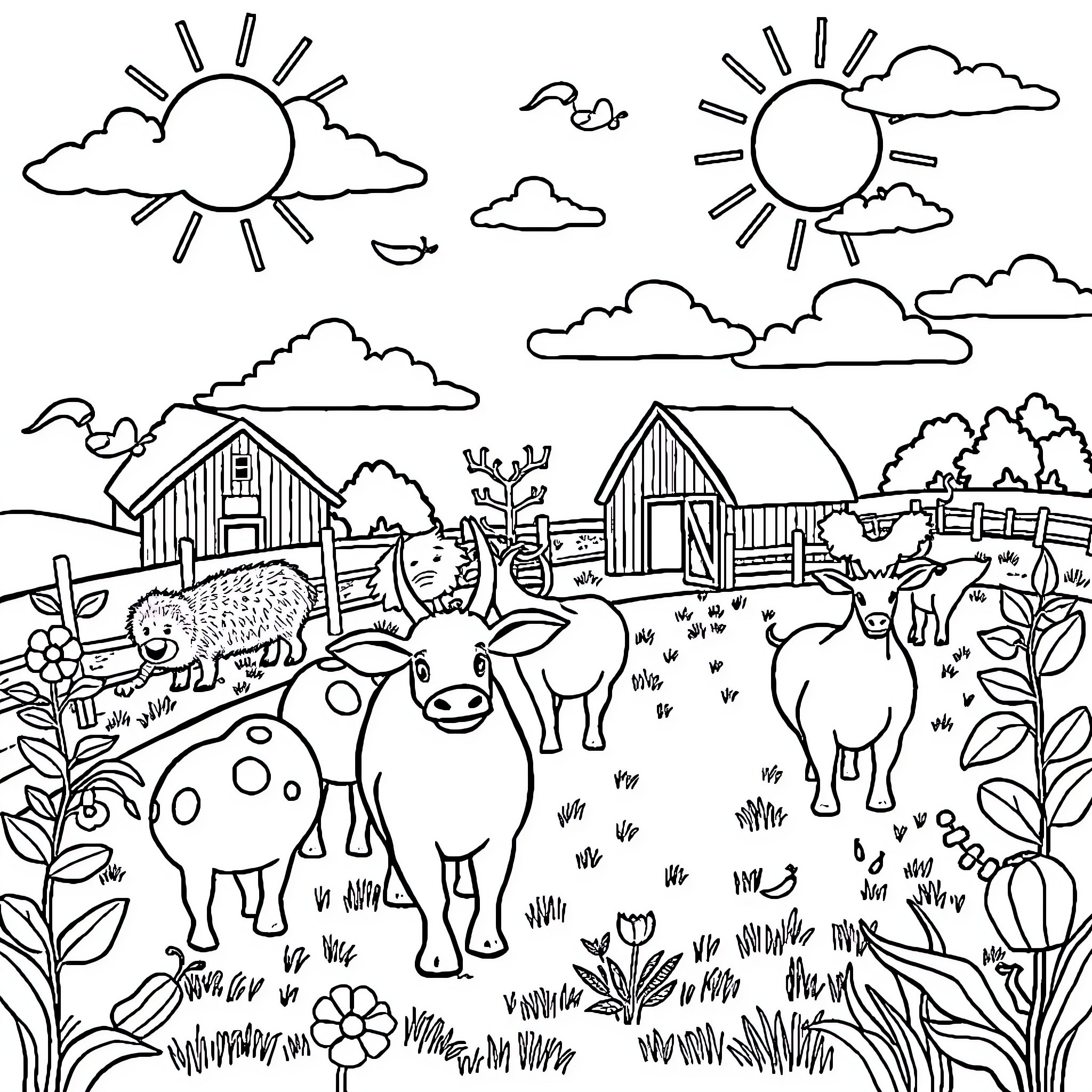 Chili Animal Farm Scene with Animals Coloring Page (free black-and-white line drawing printable PDF for all, from beginners to advanced learners, including children, teens, adults, and seniors)