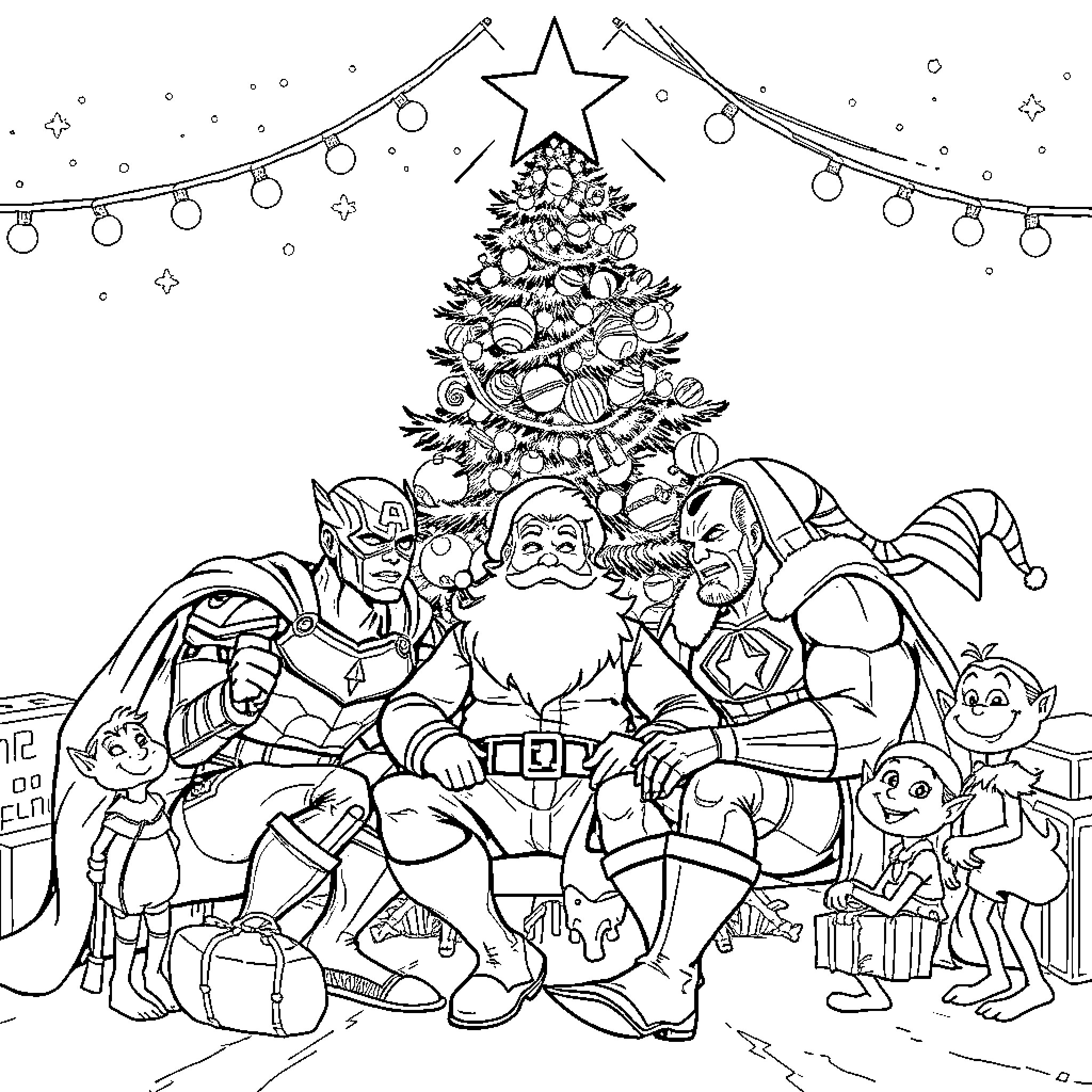 Avenger's Christmas Celebration with Santa Coloring Page (free black-and-white line drawing printable PDF for all, from beginners to advanced learners, including children, teens, adults, and seniors)