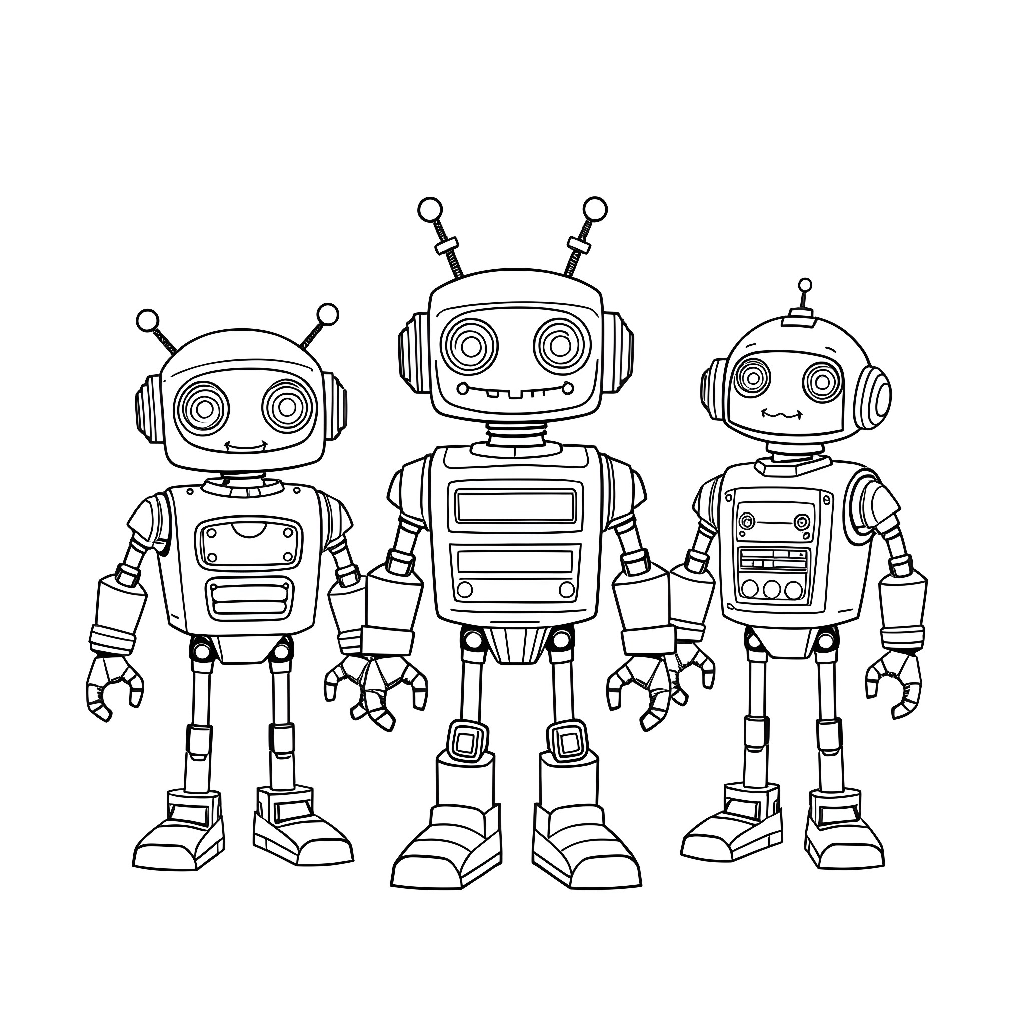 Robot Trio in Different Poses and Expressions Coloring Page (free black-and-white line drawing printable PDF for all, from beginners to advanced learners, including children, teens, adults, and seniors)