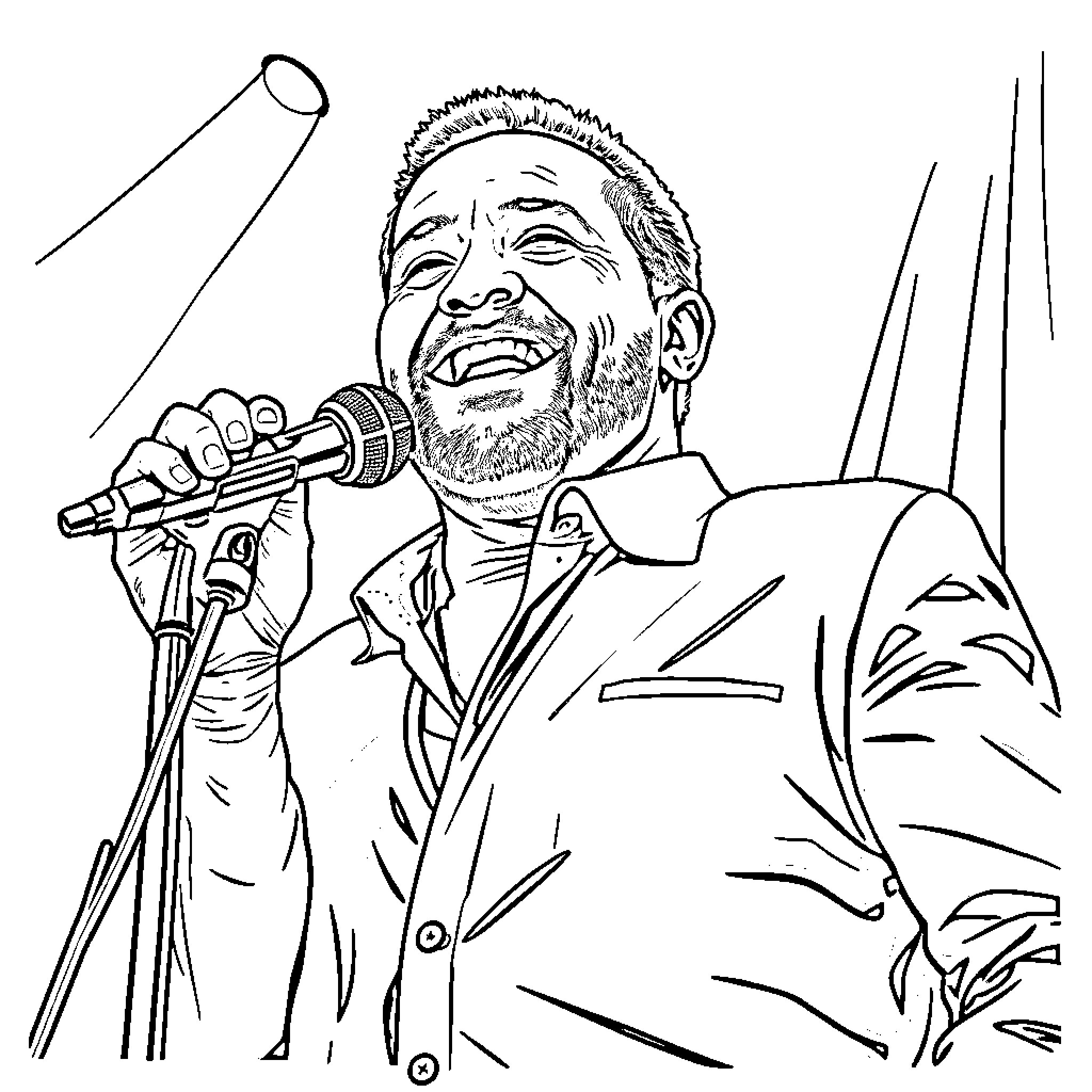 Ruben Blades performing passionately on stage Coloring Page (free black-and-white line drawing printable PDF for all, from beginners to advanced learners, including children, teens, adults, and seniors)
