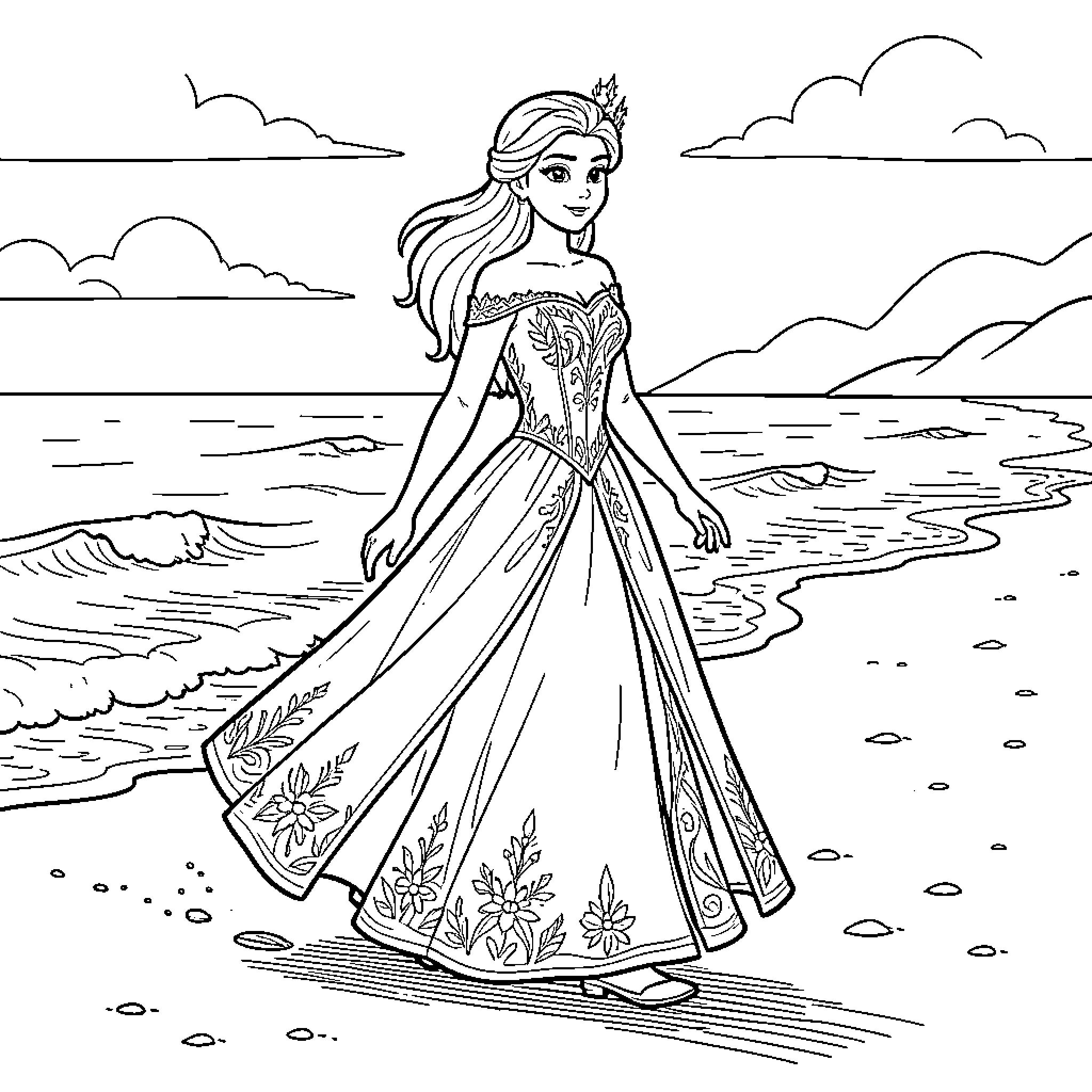 Queen walking gracefully along the sandy beach Coloring Page (free black-and-white line drawing printable PDF for all, from beginners to advanced learners, including children, teens, adults, and seniors)