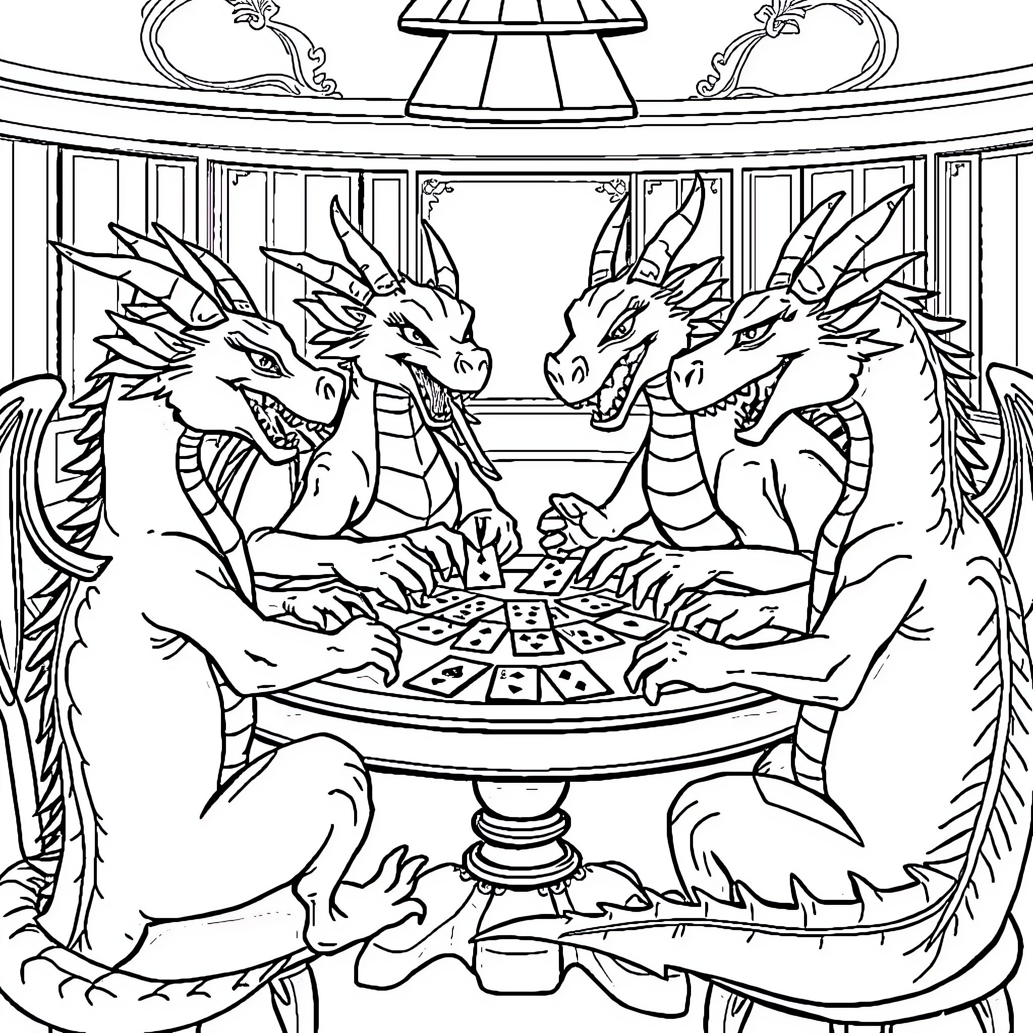 Dragon Lords playing an intense game at their banquet hall Coloring Page (free black-and-white line drawing printable PDF for all, from beginners to advanced learners, including children, teens, adults, and seniors)